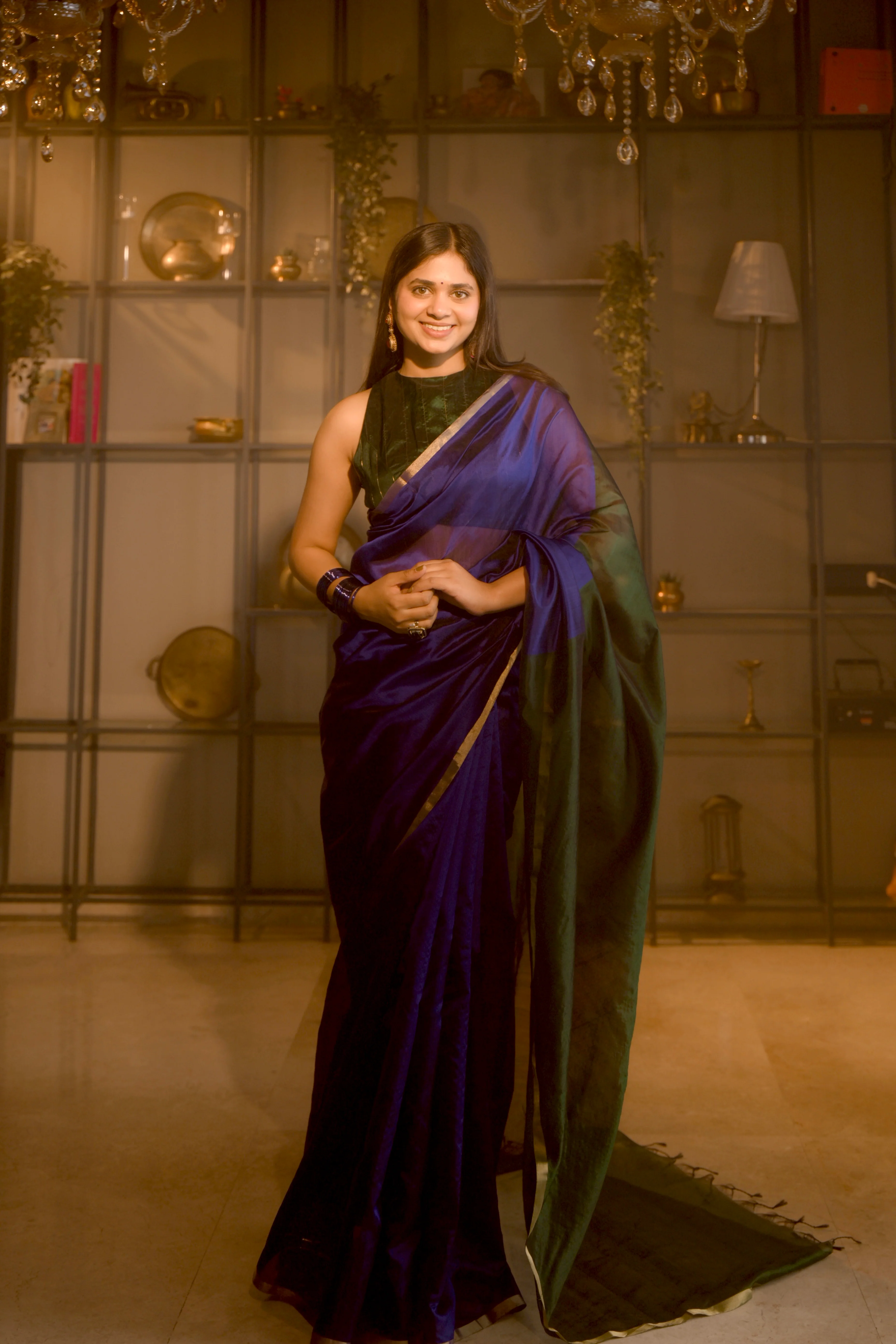 Indigo and green Chanderi silk saree with zari border - Image 12