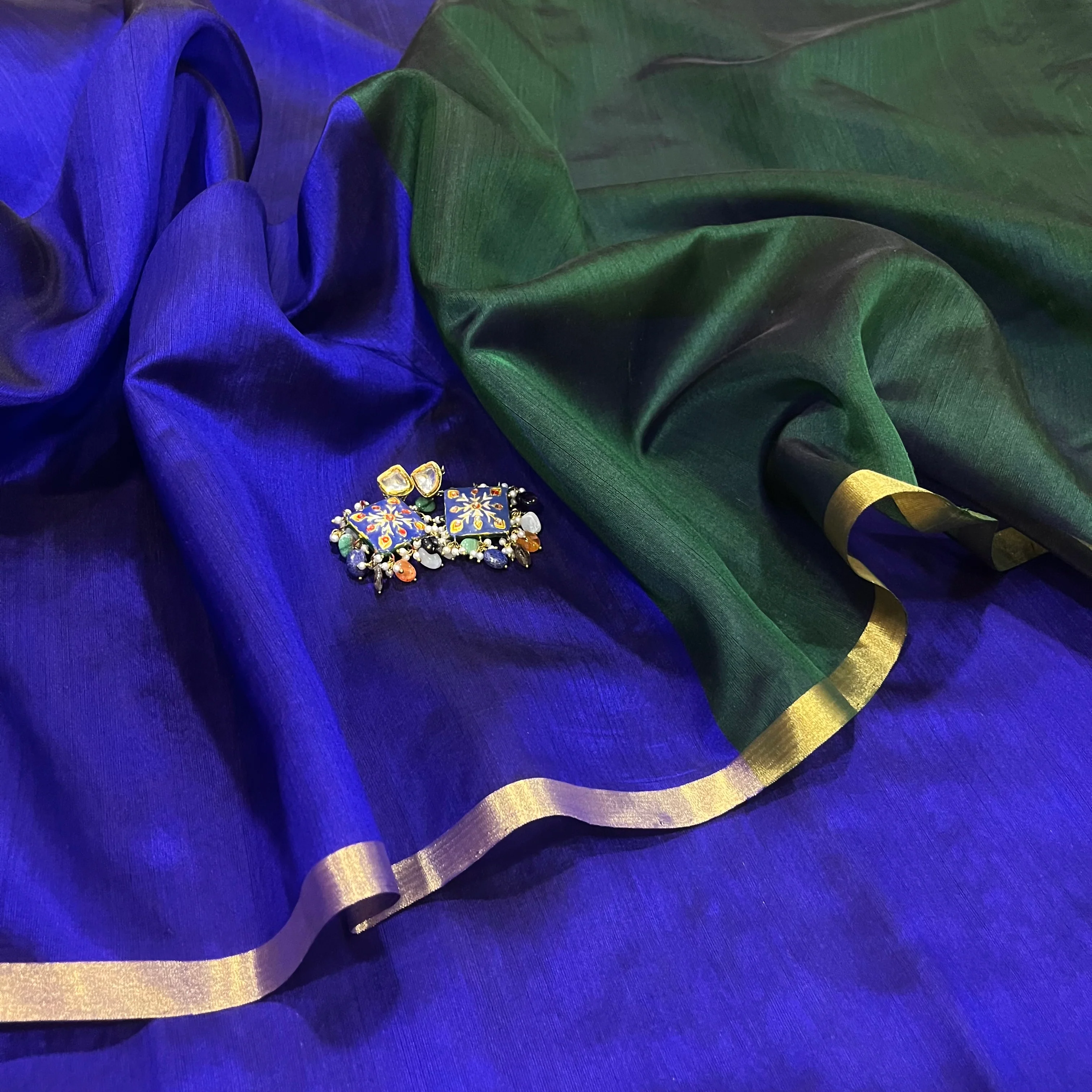 Indigo and green Chanderi silk saree with zari border - Image 13