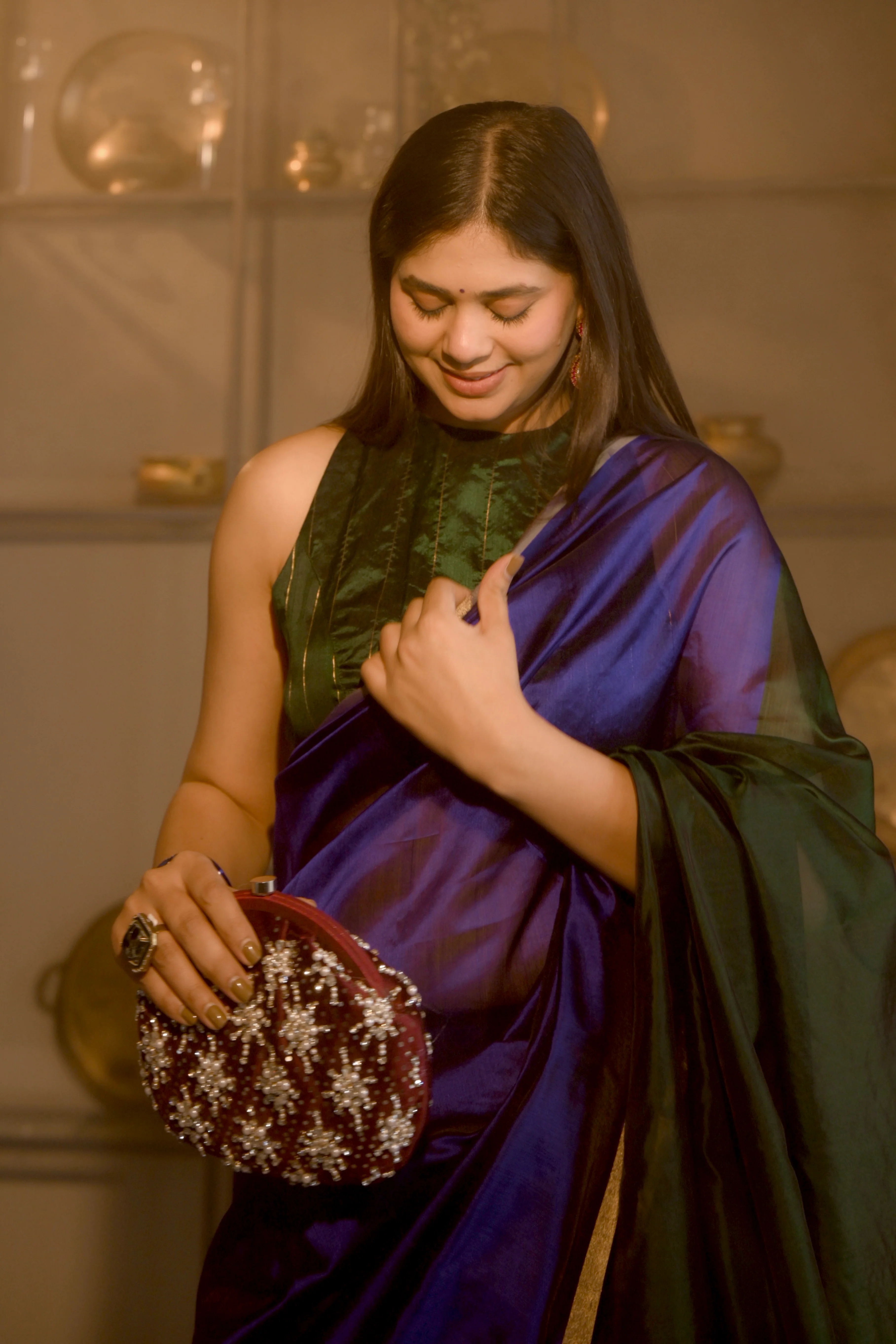 Indigo and green Chanderi silk saree with zari border - Image 2