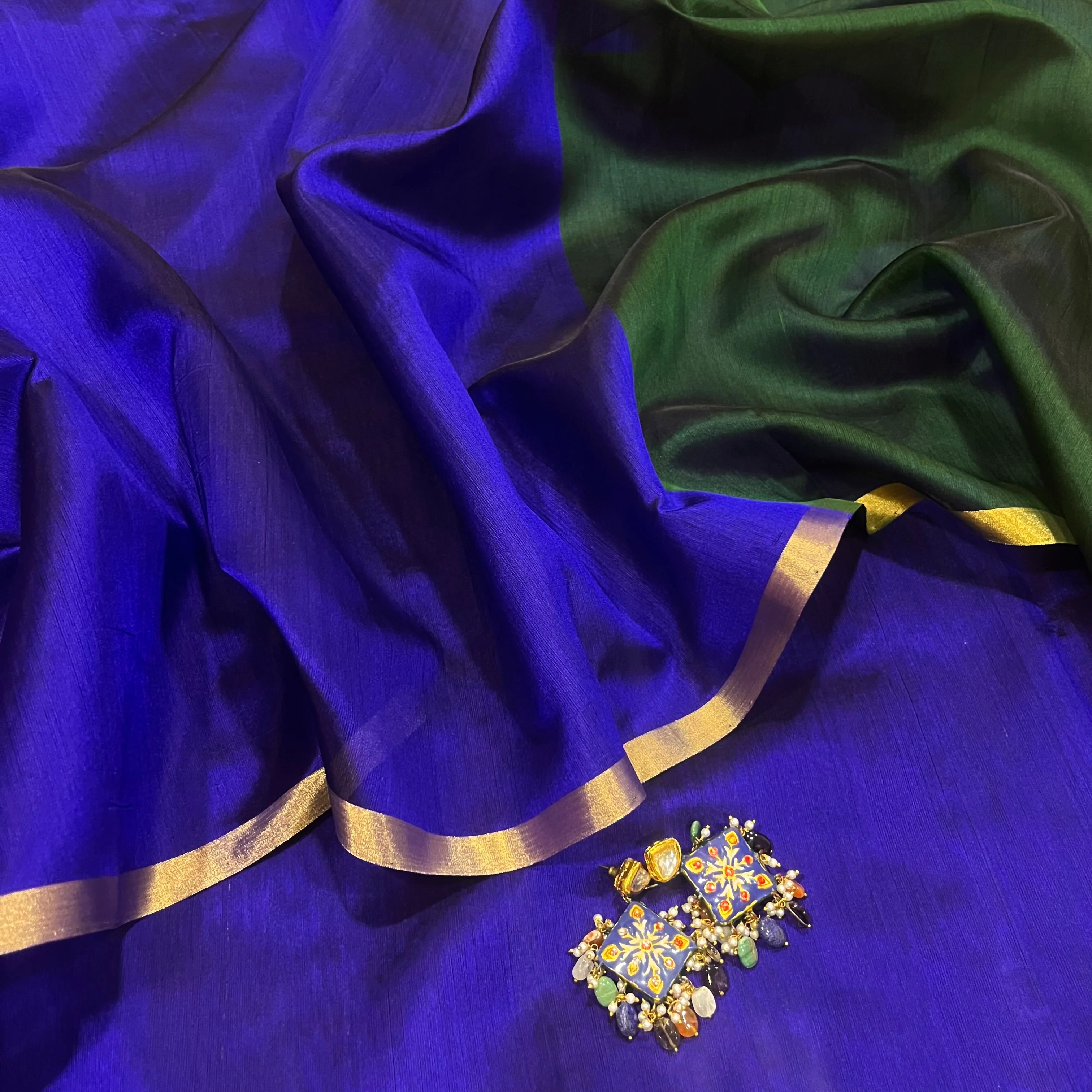 Indigo and green Chanderi silk saree with zari border - Image 3