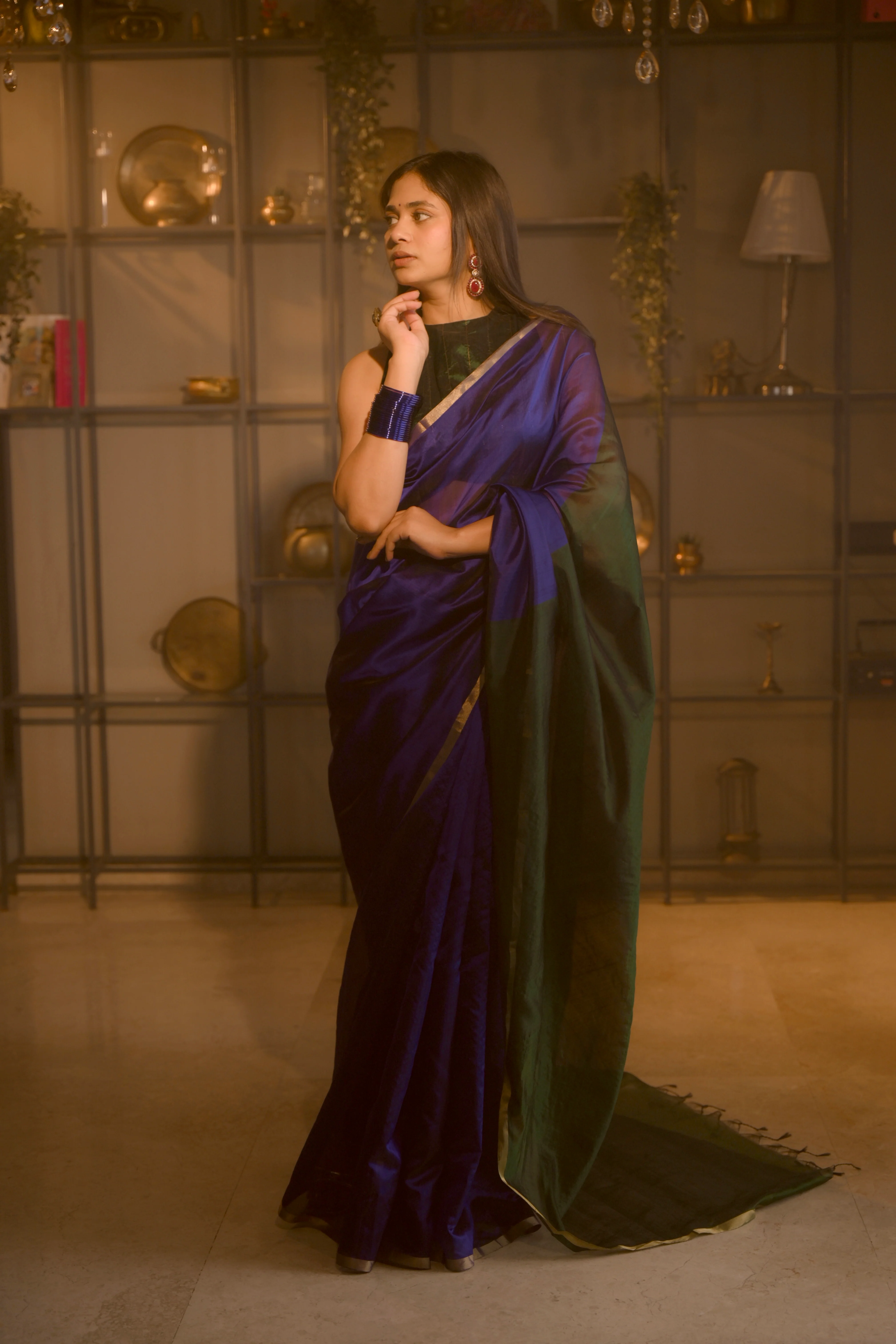 Indigo and green Chanderi silk saree with zari border - Image 4