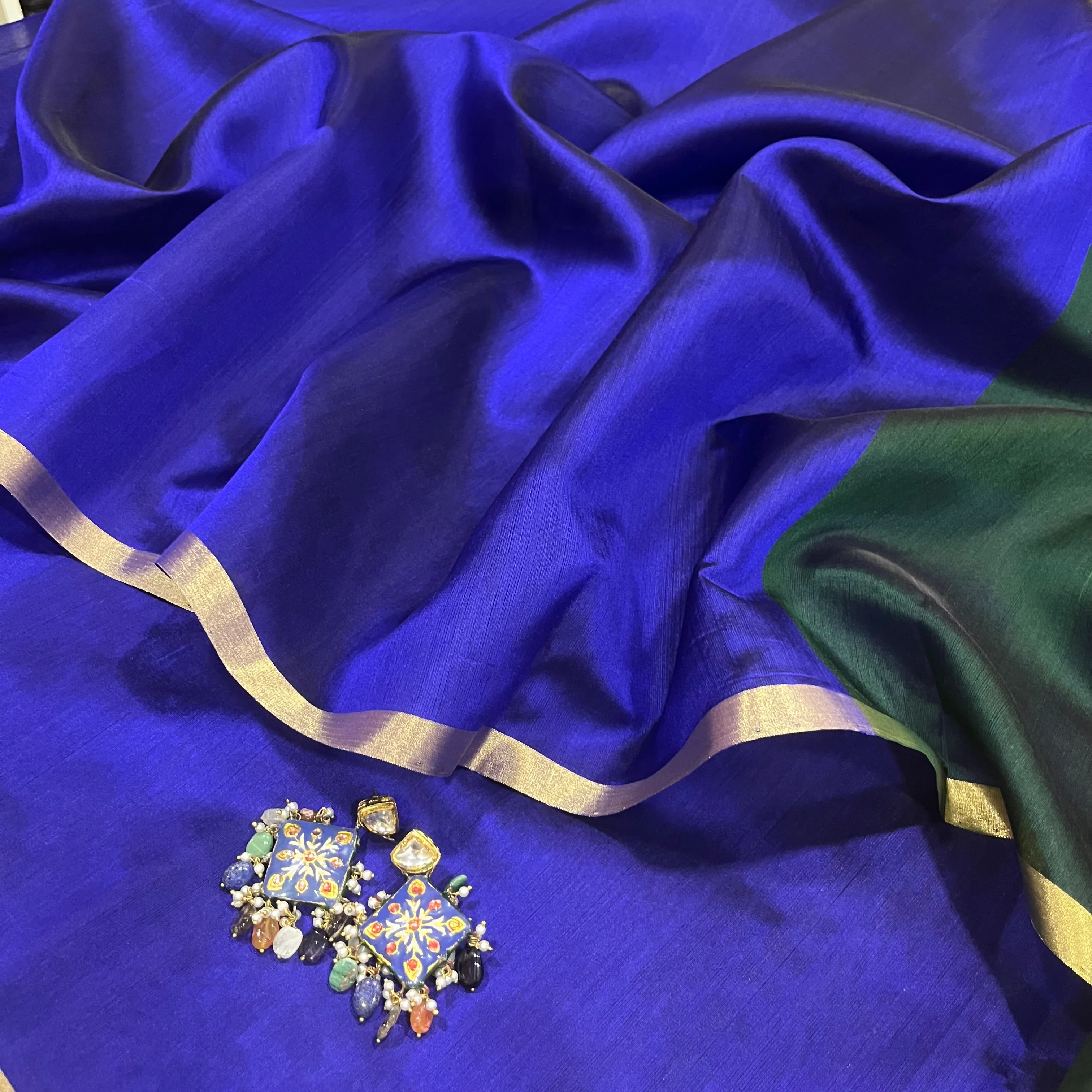 Indigo and green Chanderi silk saree with zari border - Image 5