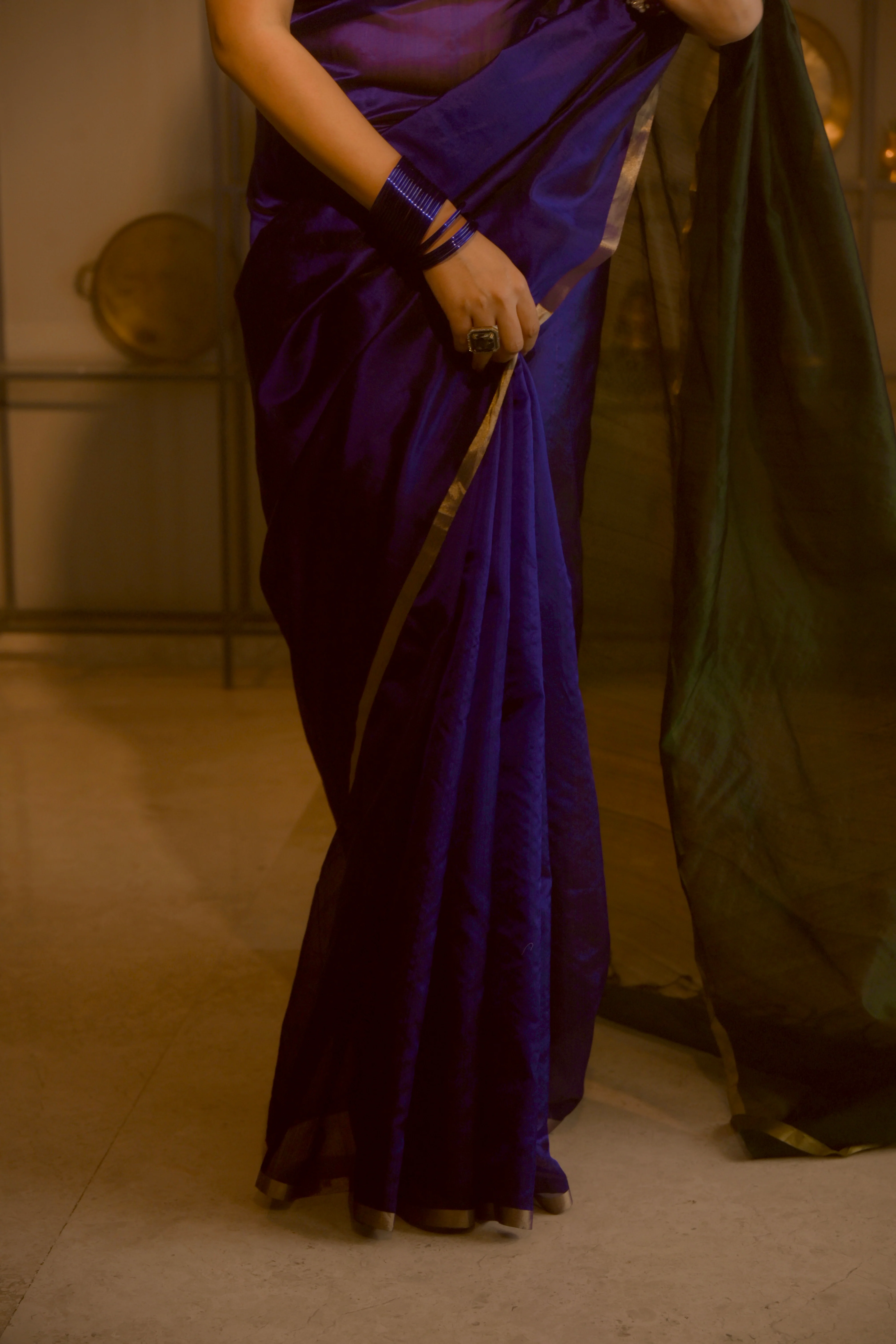 Indigo and green Chanderi silk saree with zari border - Image 6