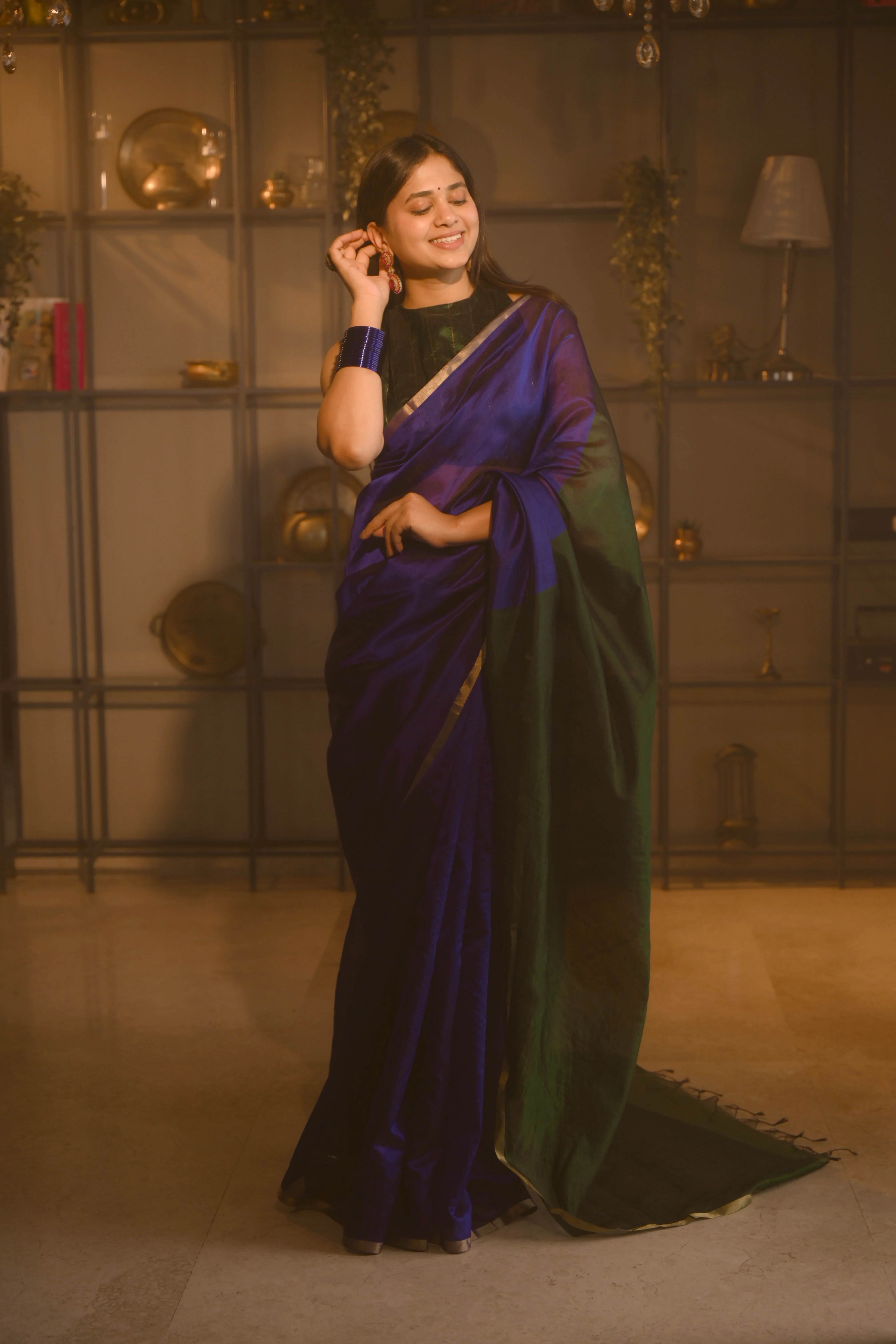 Indigo and green Chanderi silk saree with zari border - Image 8