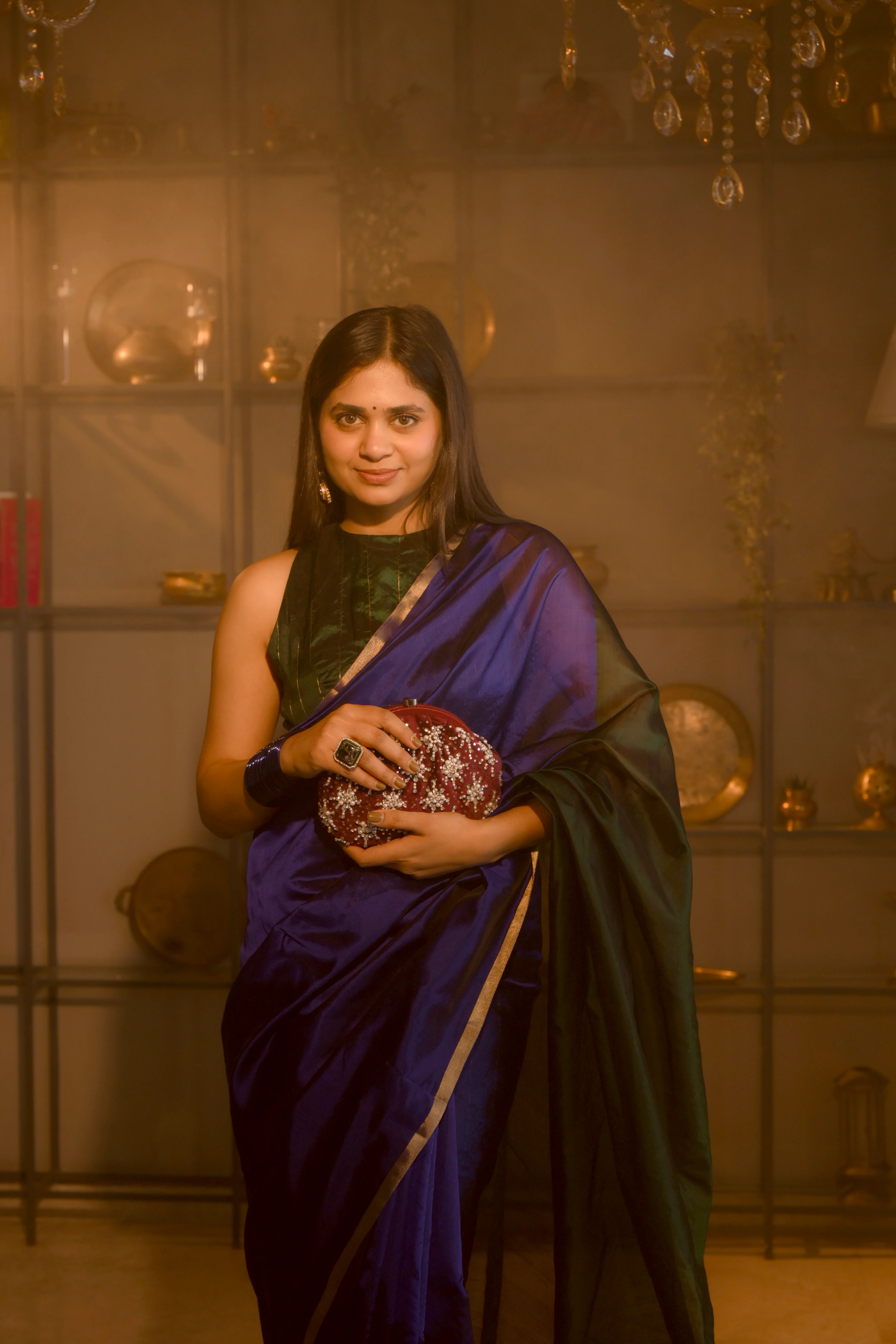 Indigo and green Chanderi silk saree with zari border - Image 9