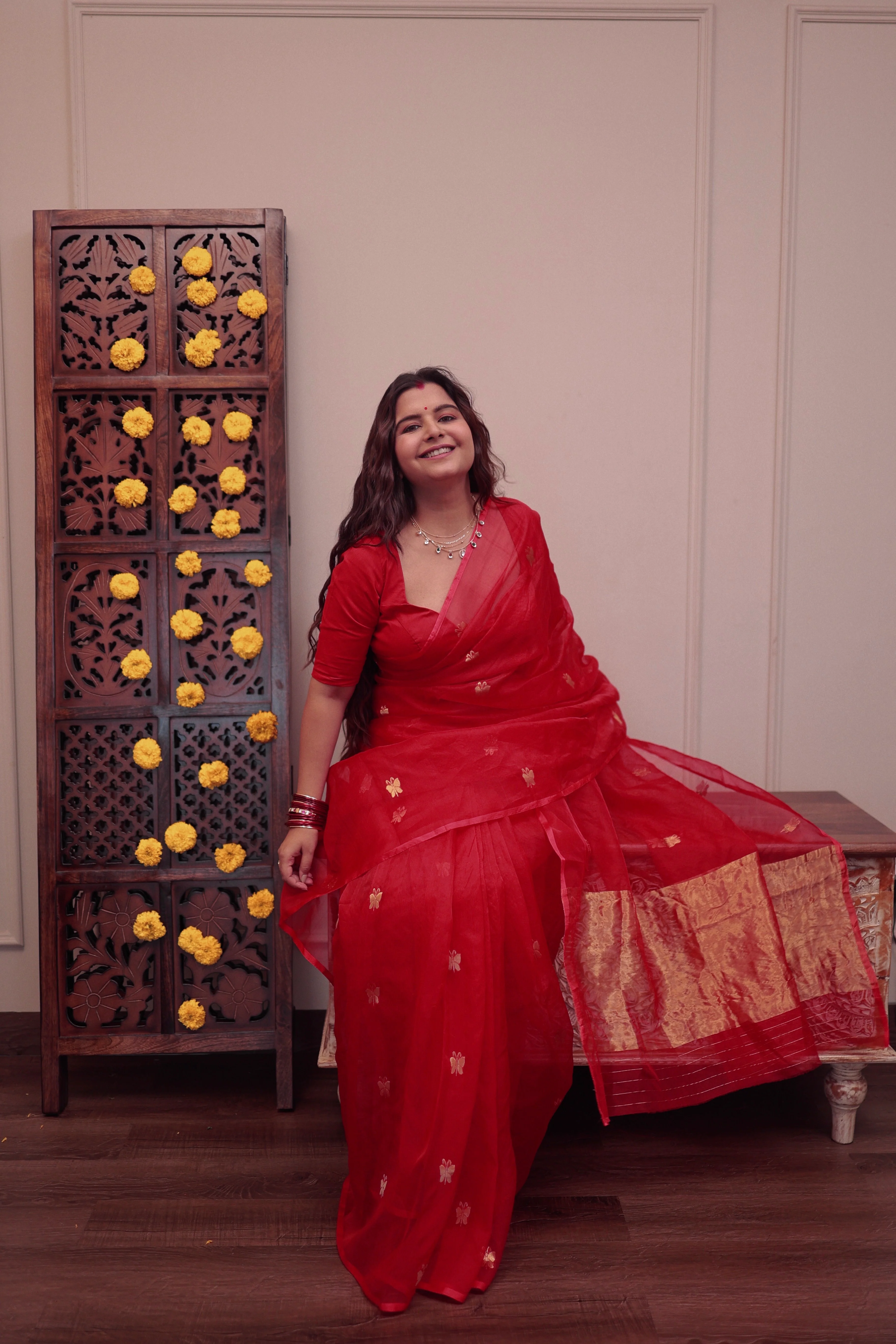 Red chanderi organza silk saree with butterfly motifs all over - Image 13