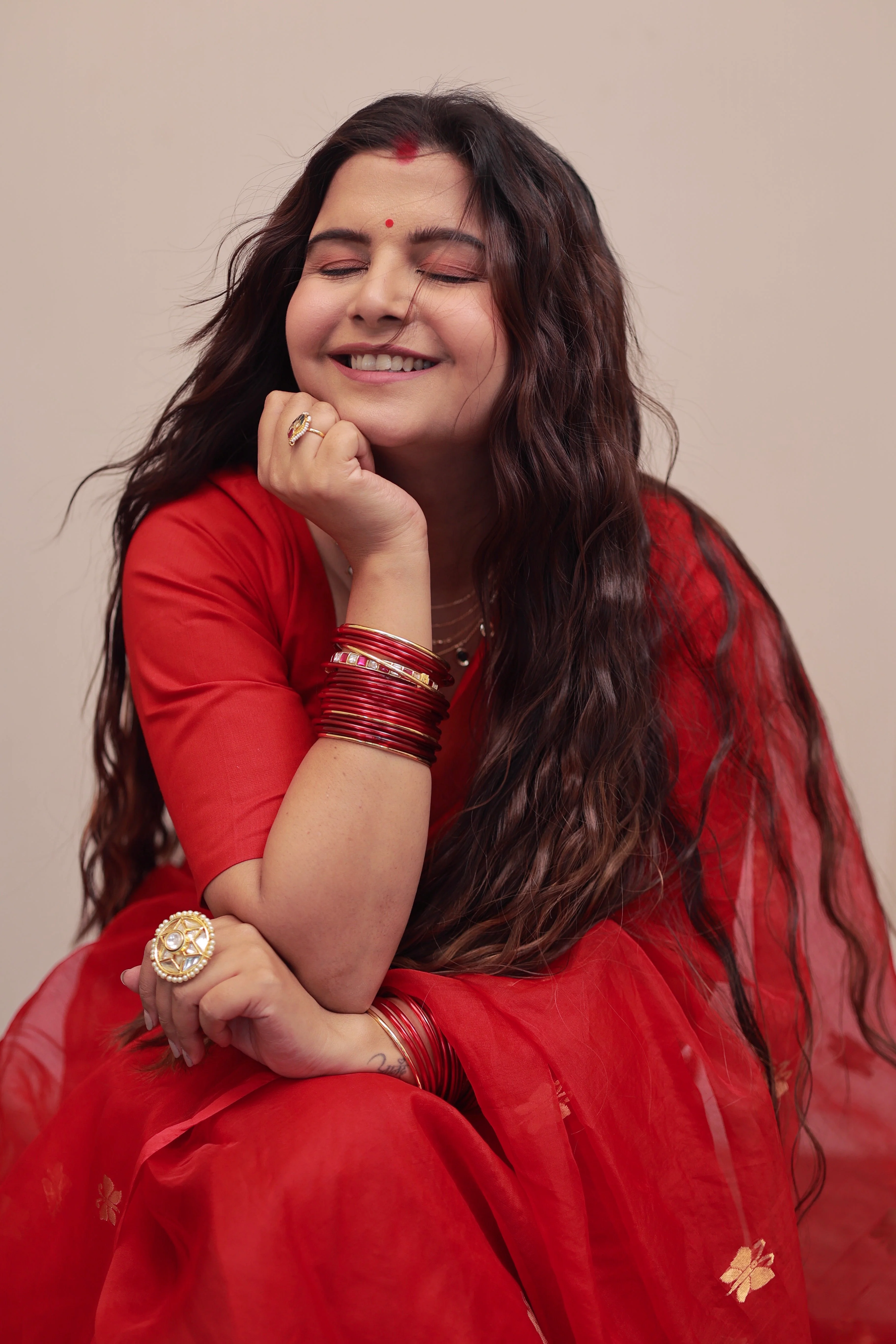 Red chanderi organza silk saree with butterfly motifs all over - Image 16