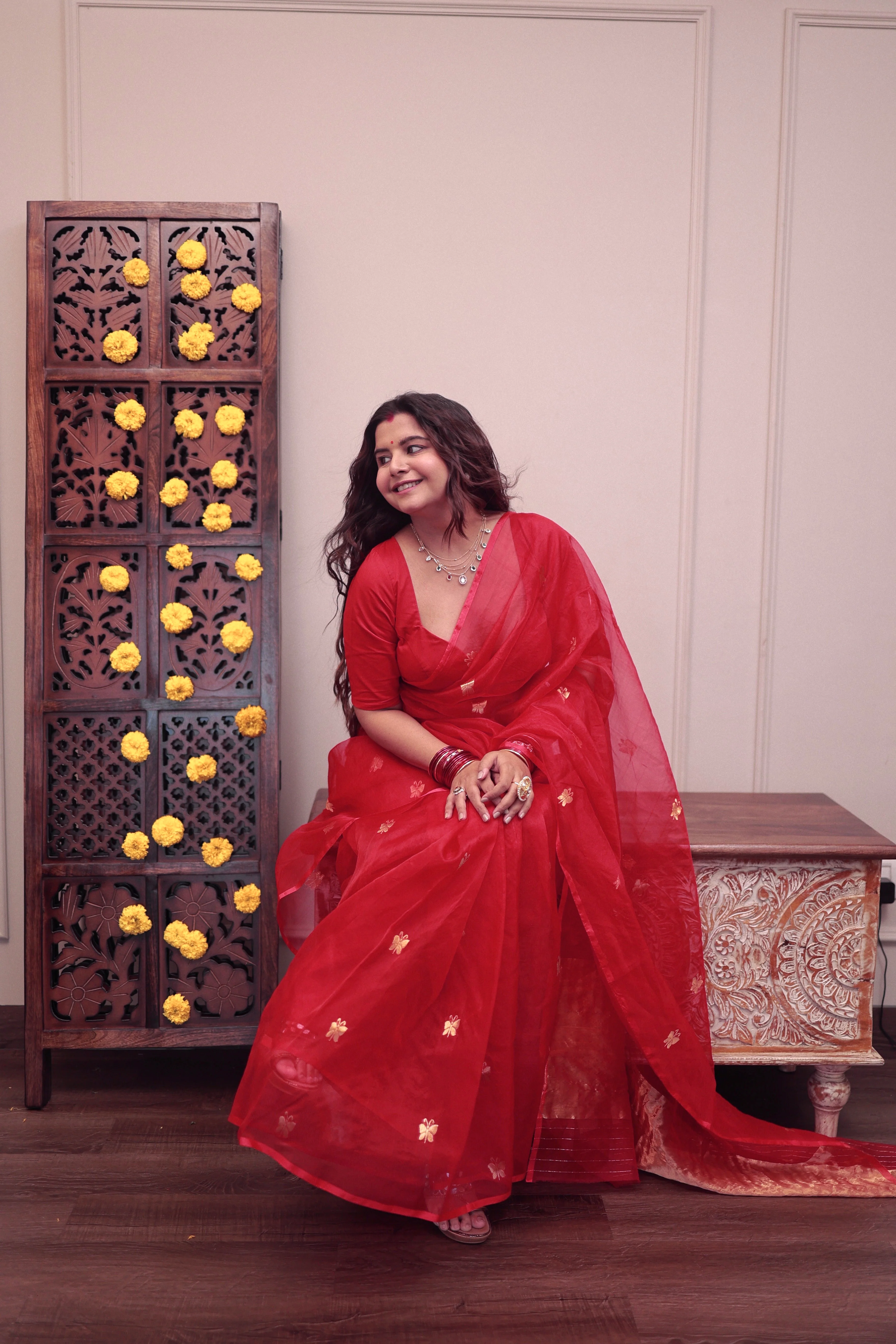 Red chanderi organza silk saree with butterfly motifs all over - Image 18