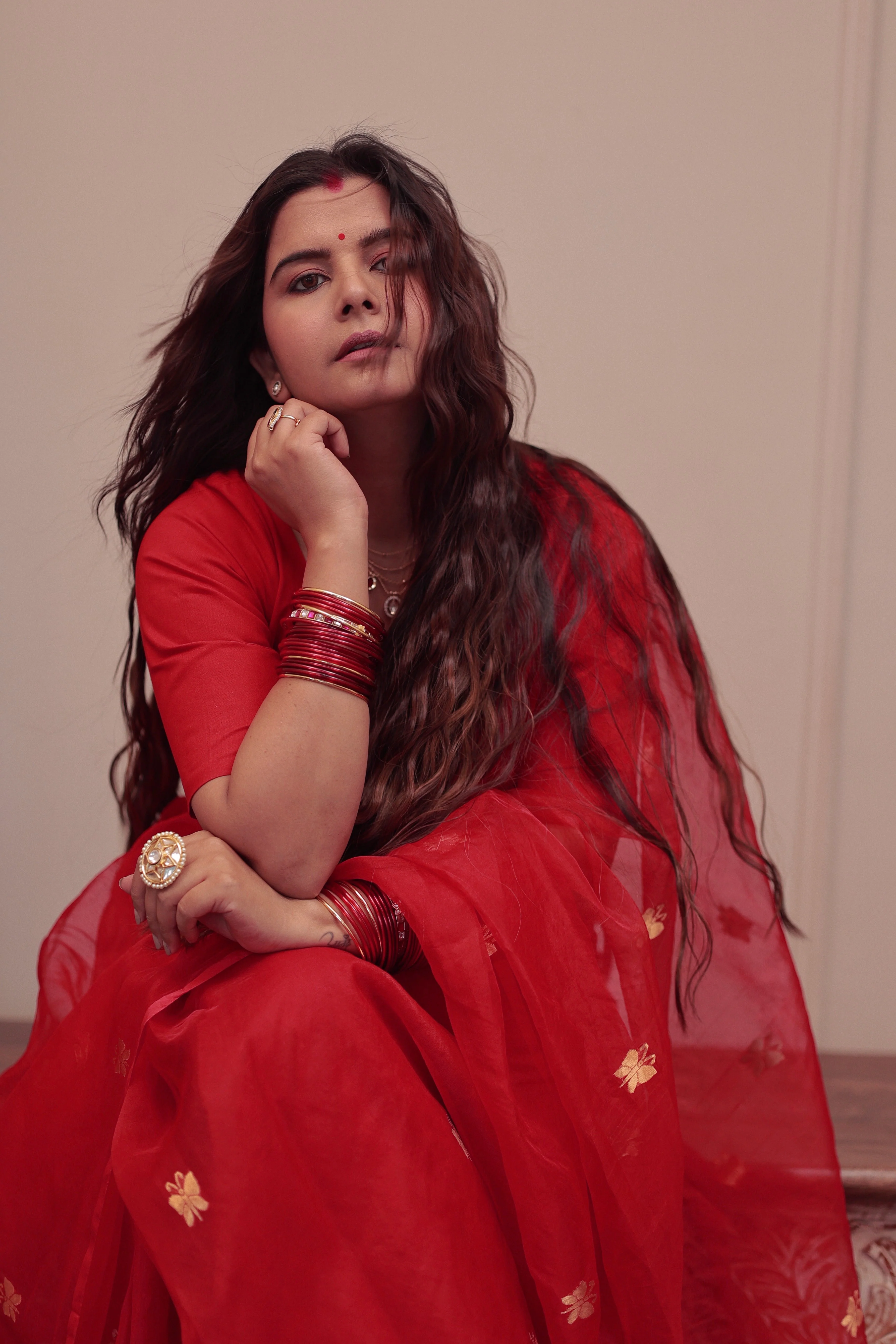 Red chanderi organza silk saree with butterfly motifs all over - Image 7