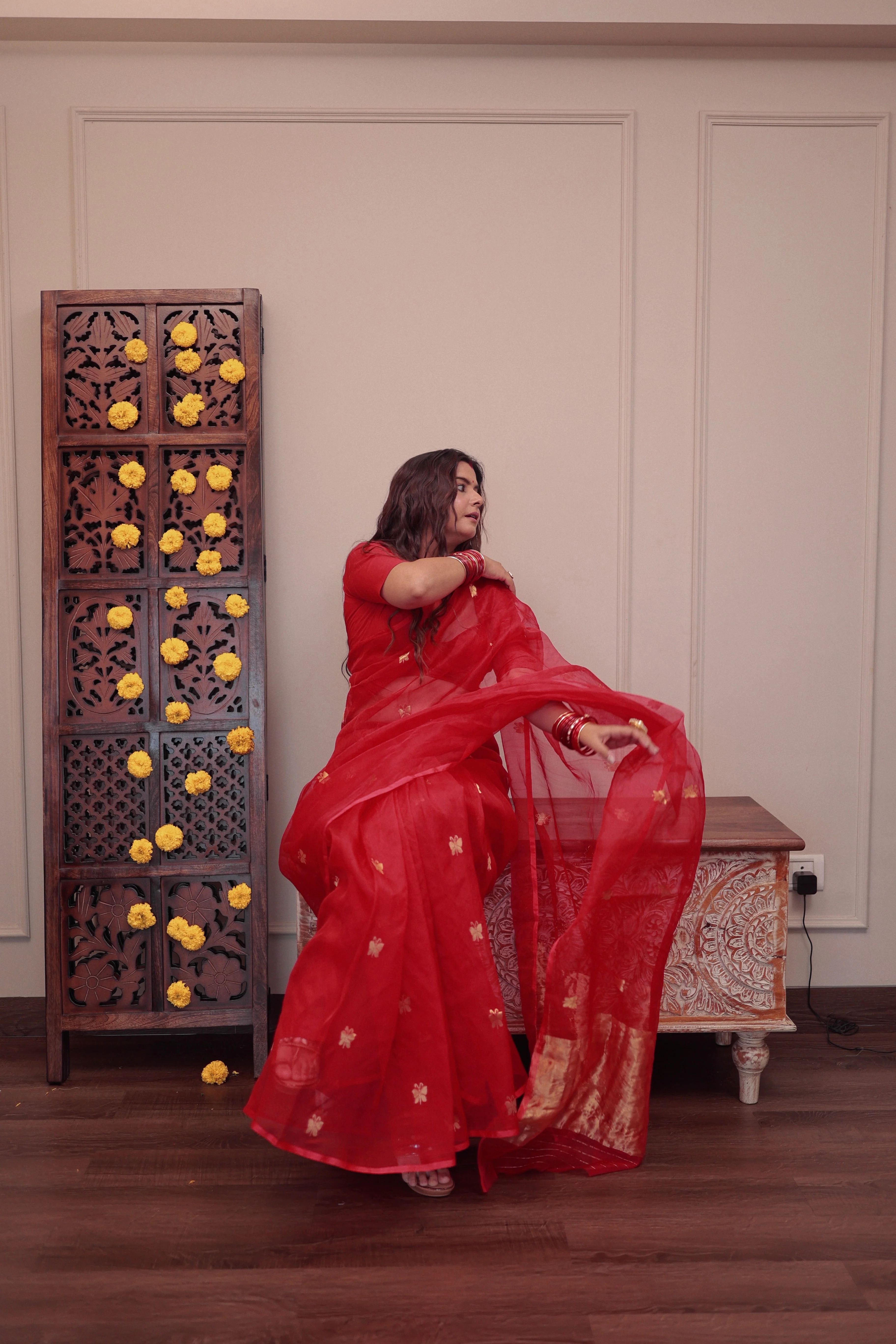 Red chanderi organza silk saree with butterfly motifs all over - Image 9