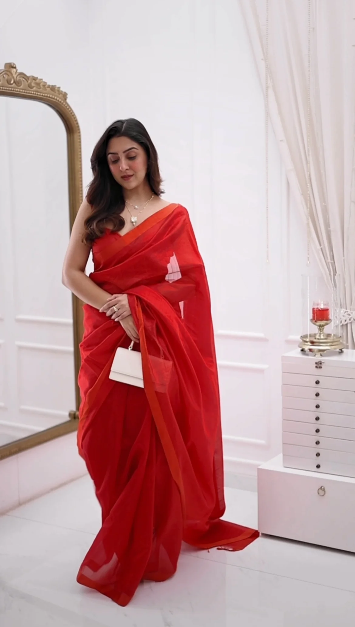 Red chanderi silk saree with silk border - Image 12