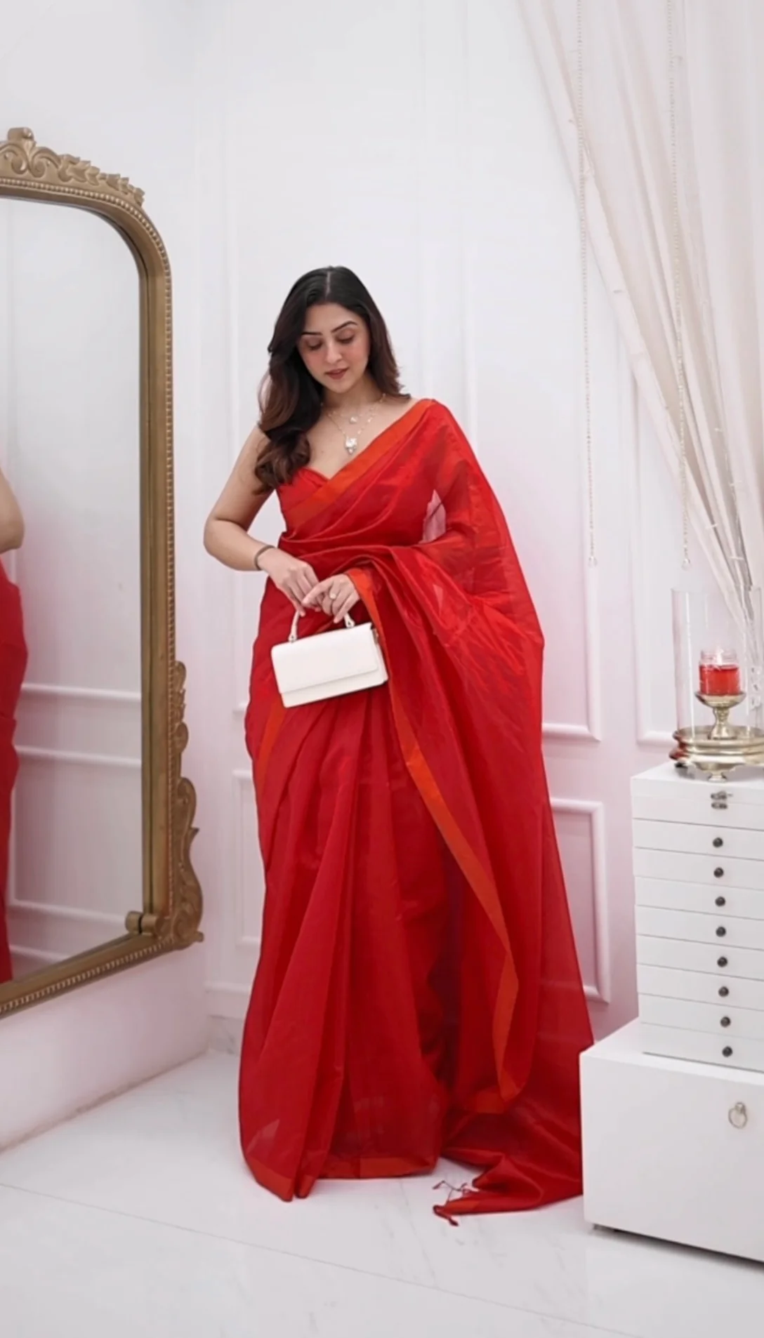 Red chanderi silk saree with silk border - Image 4