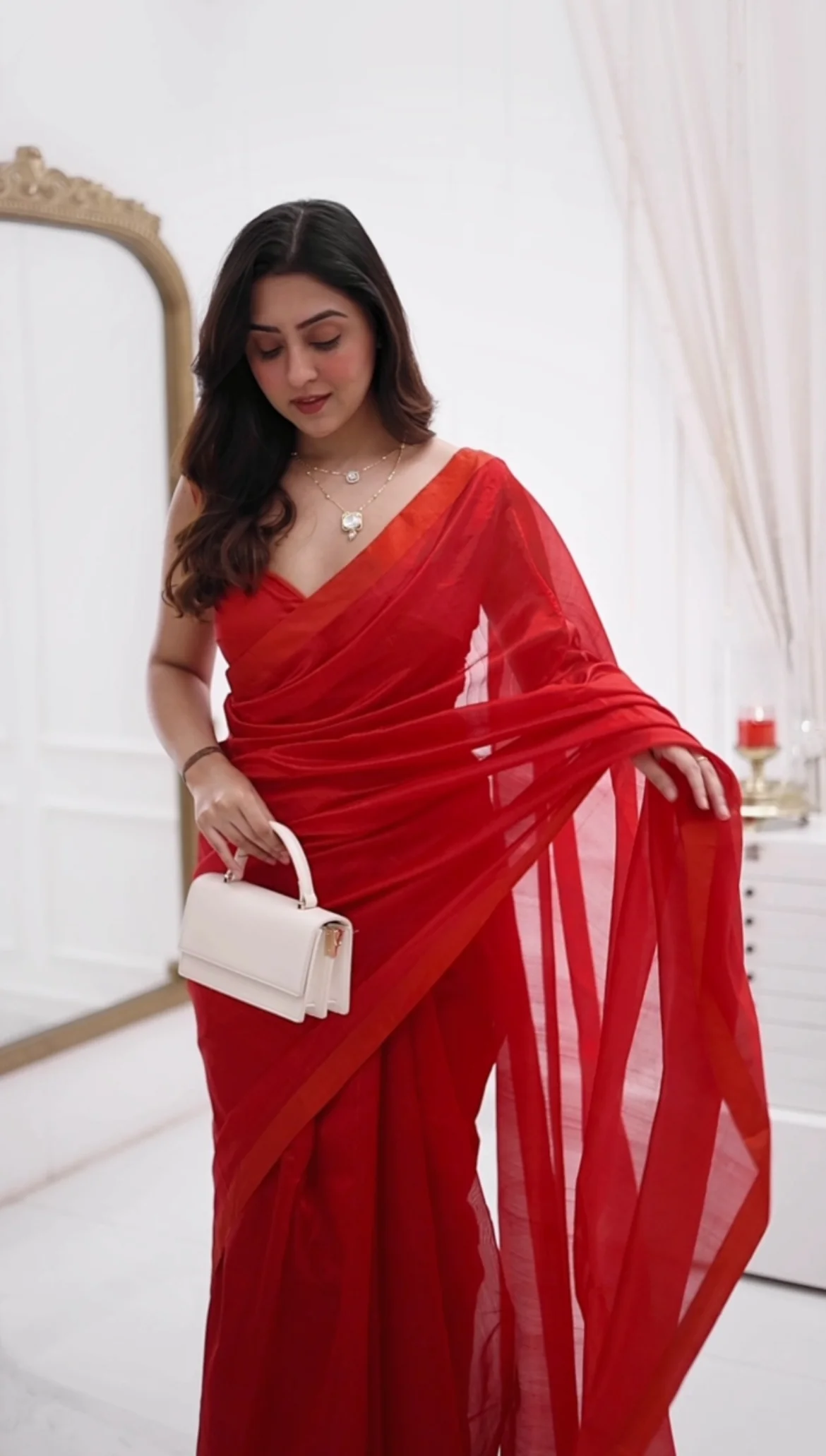Red chanderi silk saree with silk border - Image 9