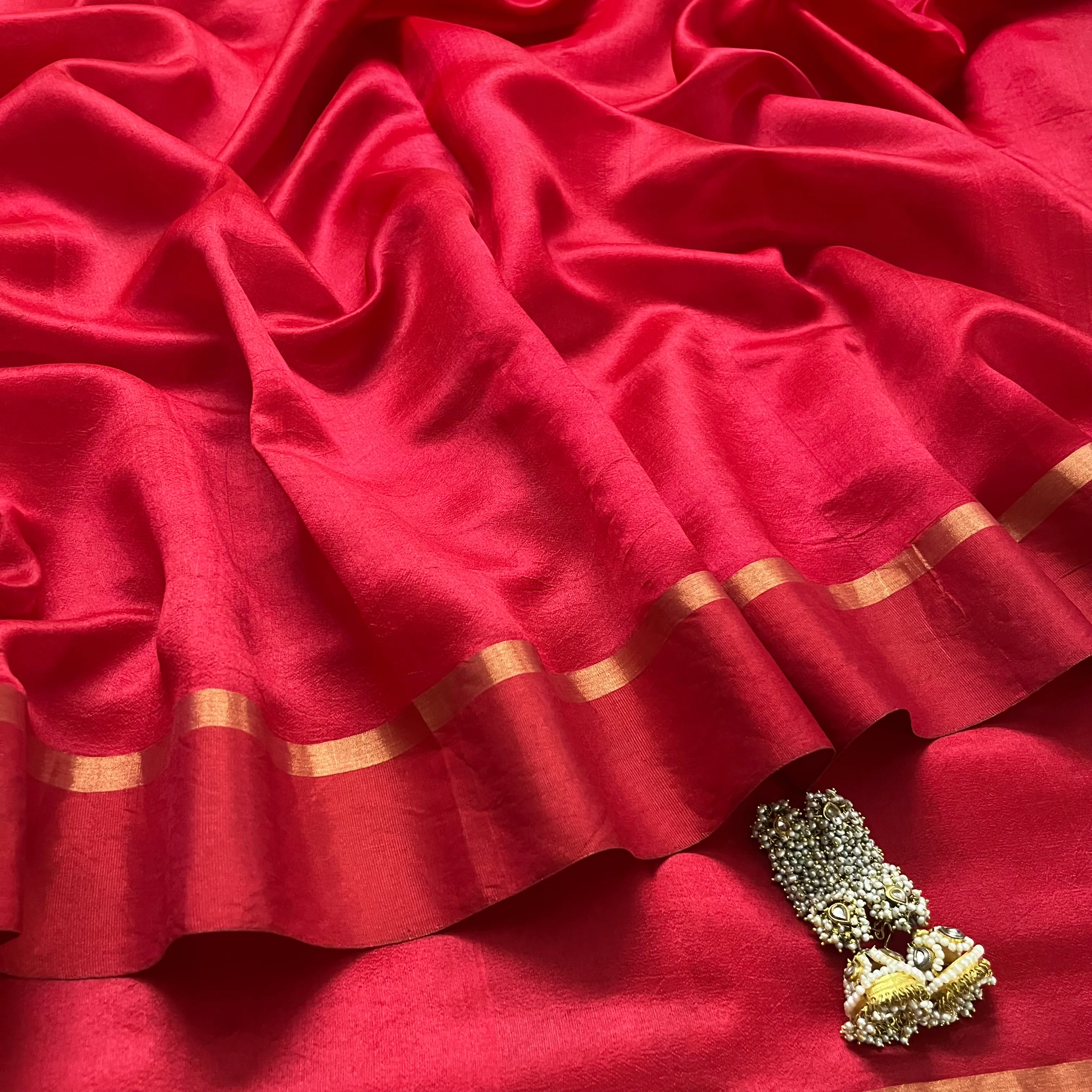 Red Chanderi Silk Saree with Tissue Border - Image 5
