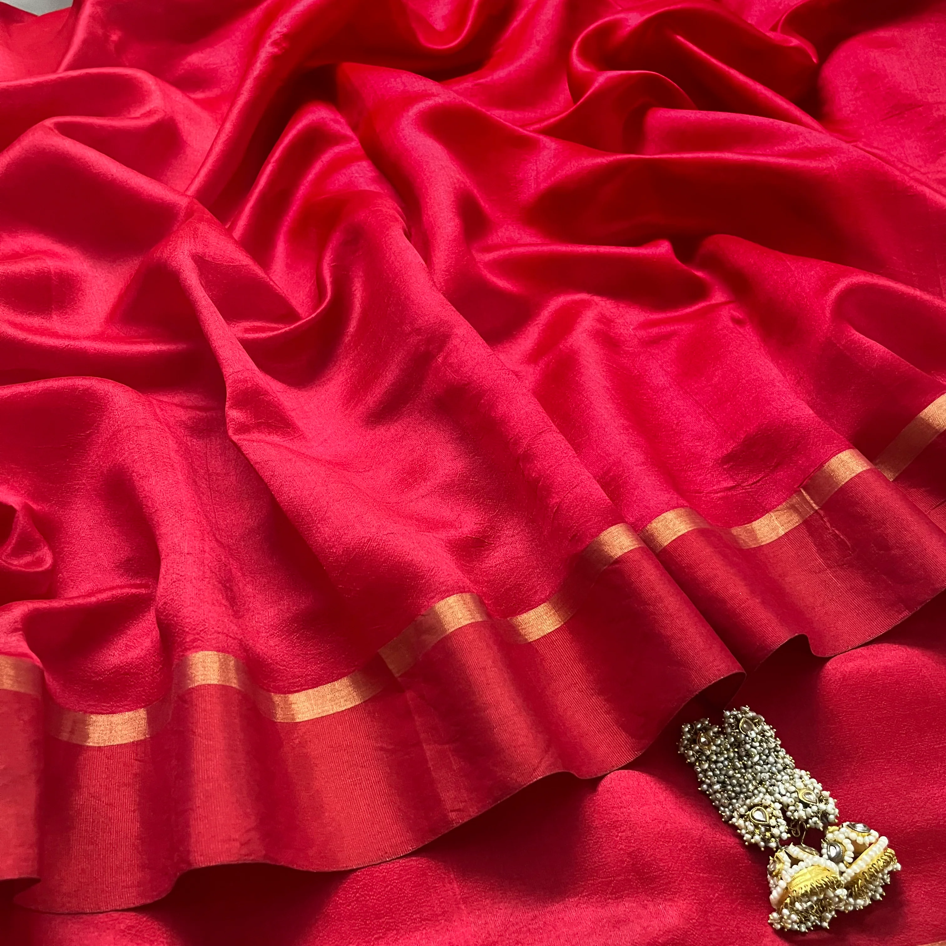 Red Chanderi Silk Saree with Tissue Border - Image 6