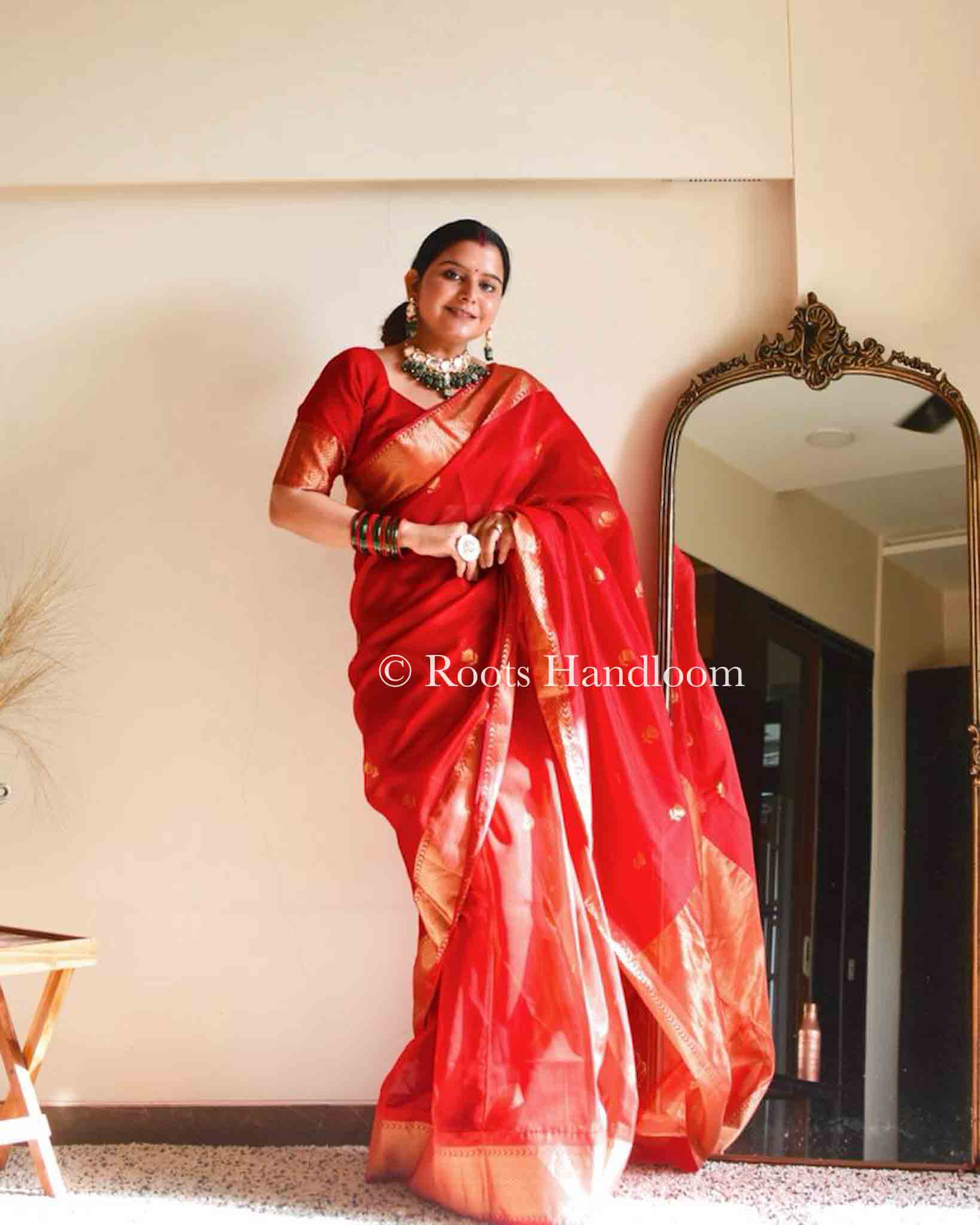 Red Maheshwari Saree with Flower Motifs all over - Image 5