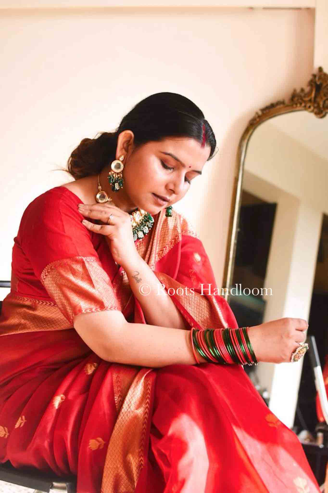 Red Maheshwari Saree with Flower Motifs all over - Image 7