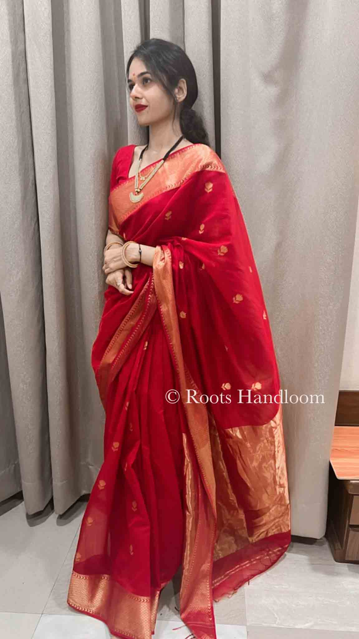 Red Maheshwari Saree with Flower Motifs all over - Image 8