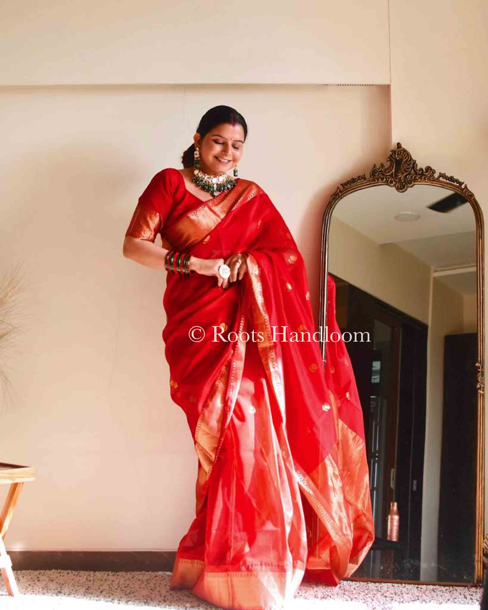 Red Maheshwari Saree with Flower Motifs all over - Image 9