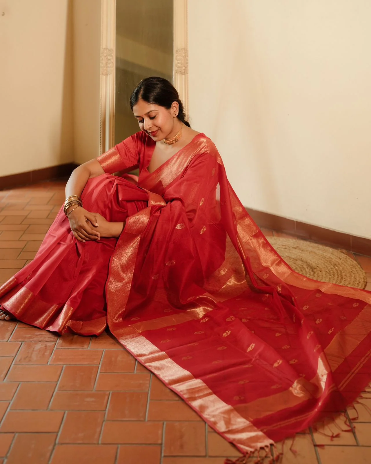 Red Maheshwari saree with morni motifs all over - Image 11