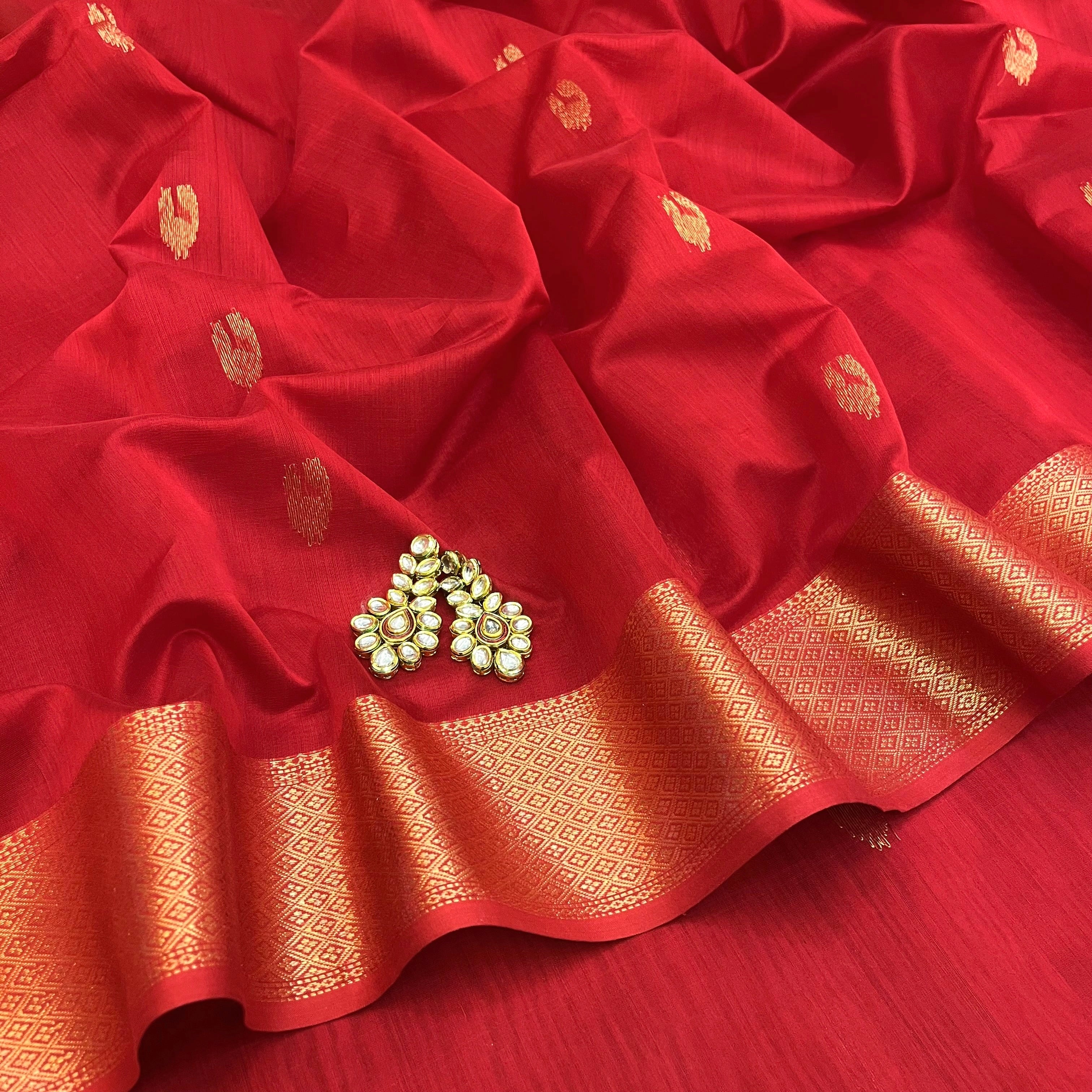 Red Maheshwari saree with morni motifs all over - Image 12