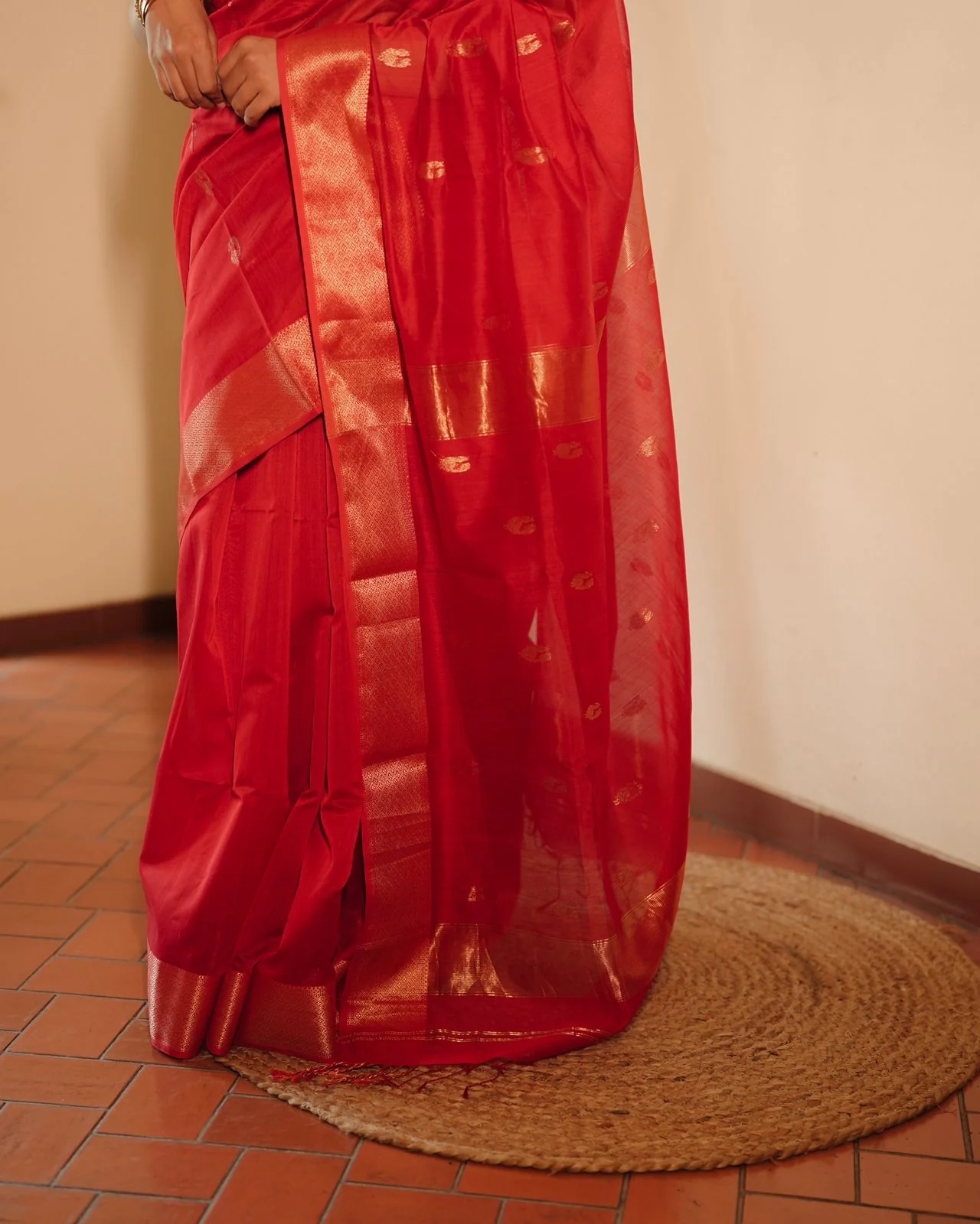 Red Maheshwari saree with morni motifs all over - Image 18