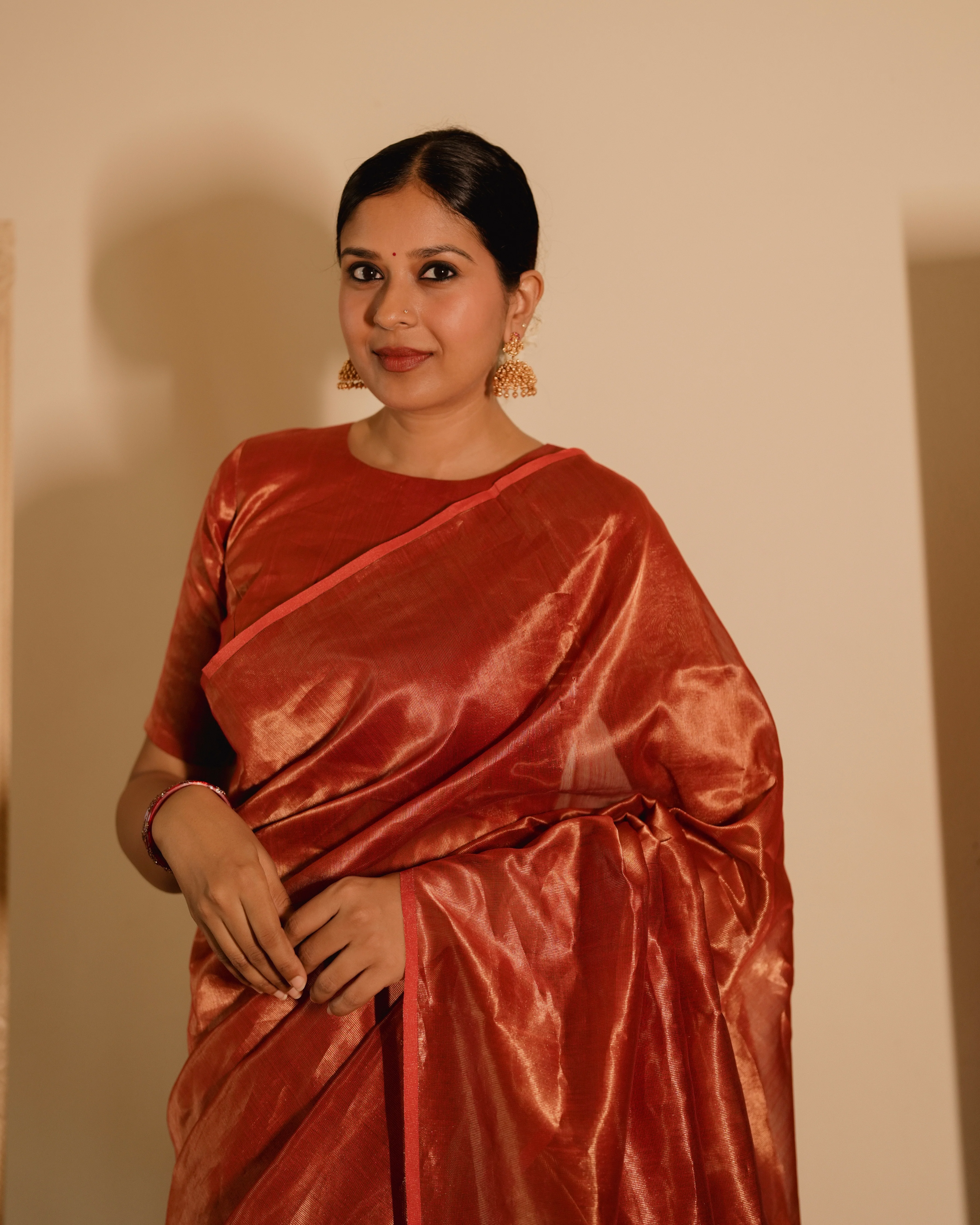 Red Maheshwari saree with zari lines all over - Image 11