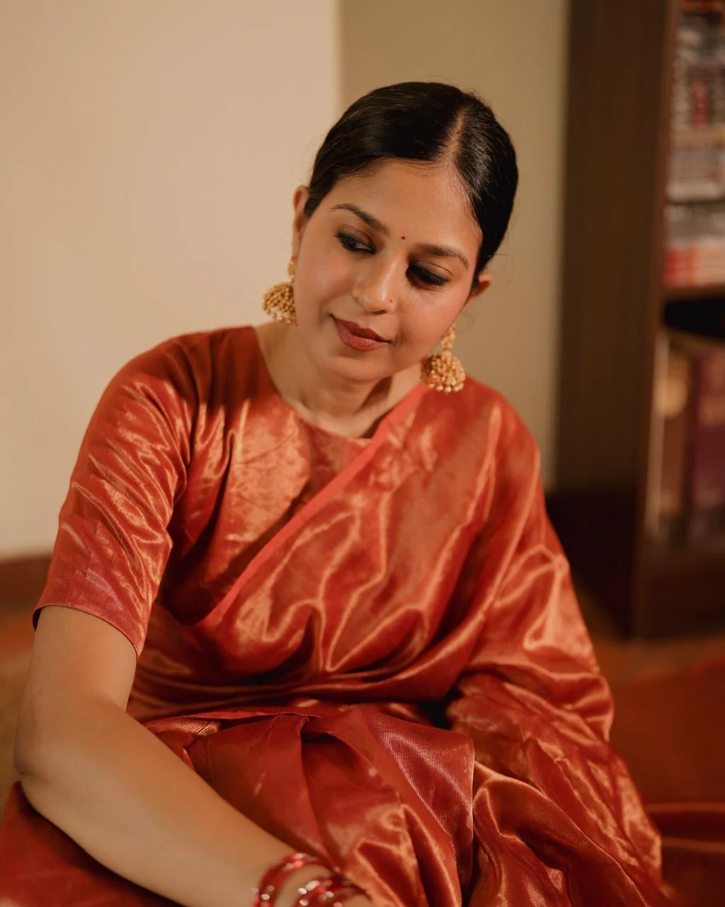 Red Maheshwari saree with zari lines all over - Image 9