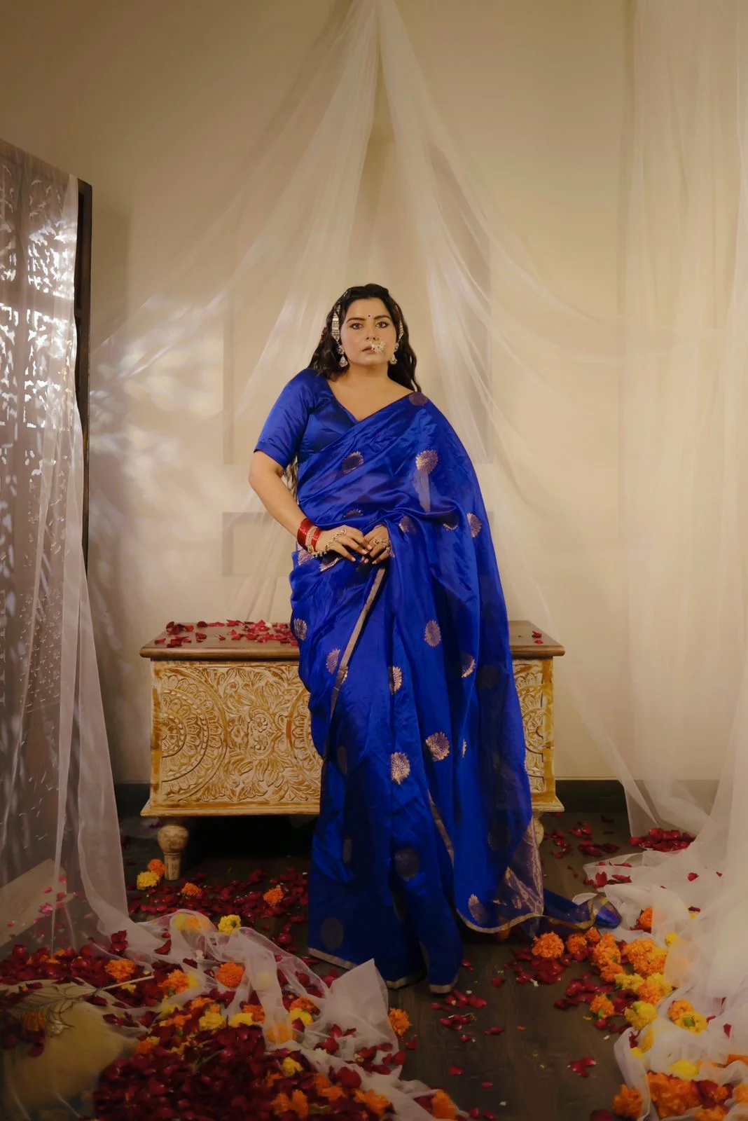 Royal blue chanderi silk saree with mor-motifs all over - Image 15