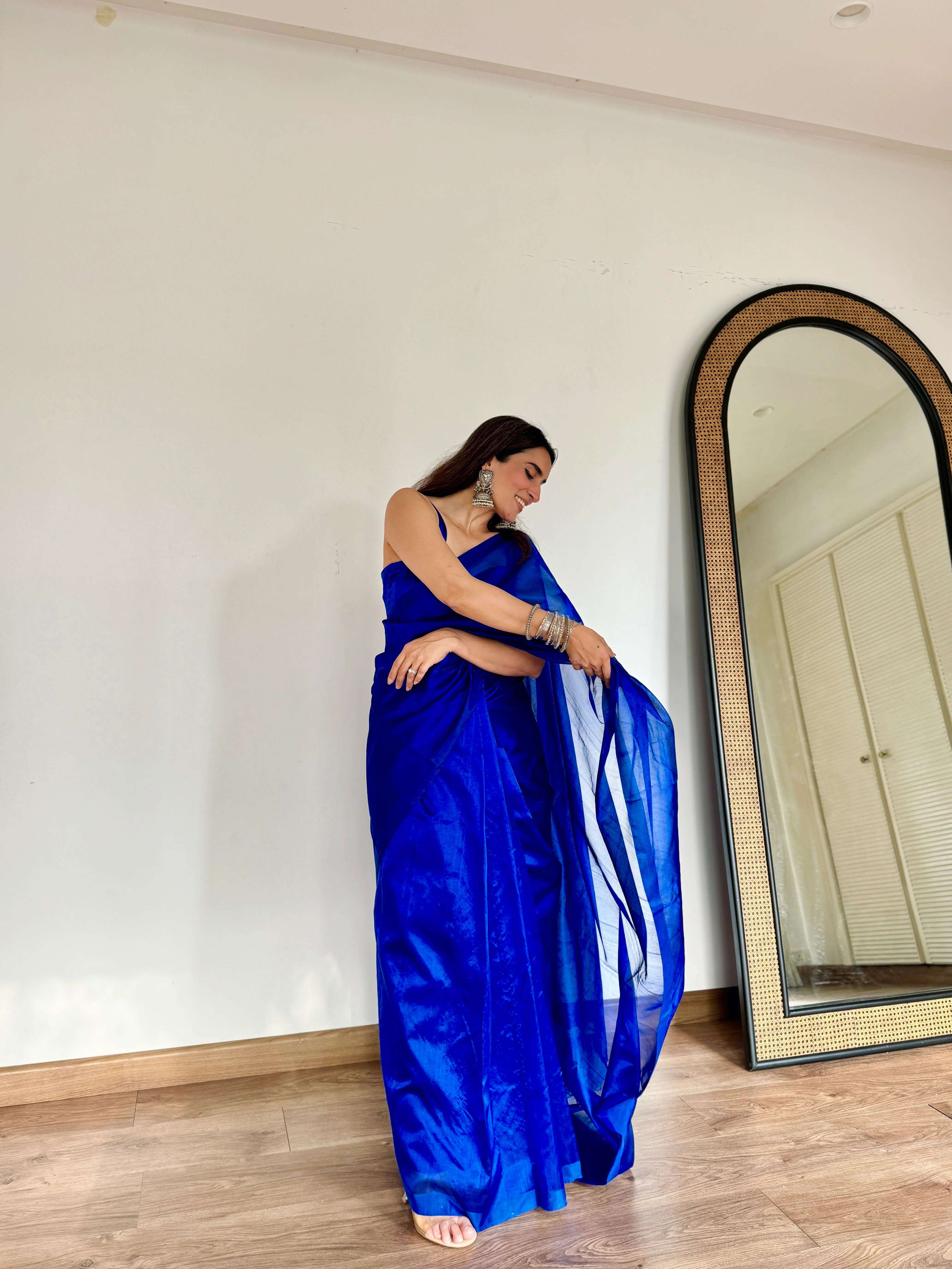 Electric blue Chanderi silk saree with silk border - Image 14