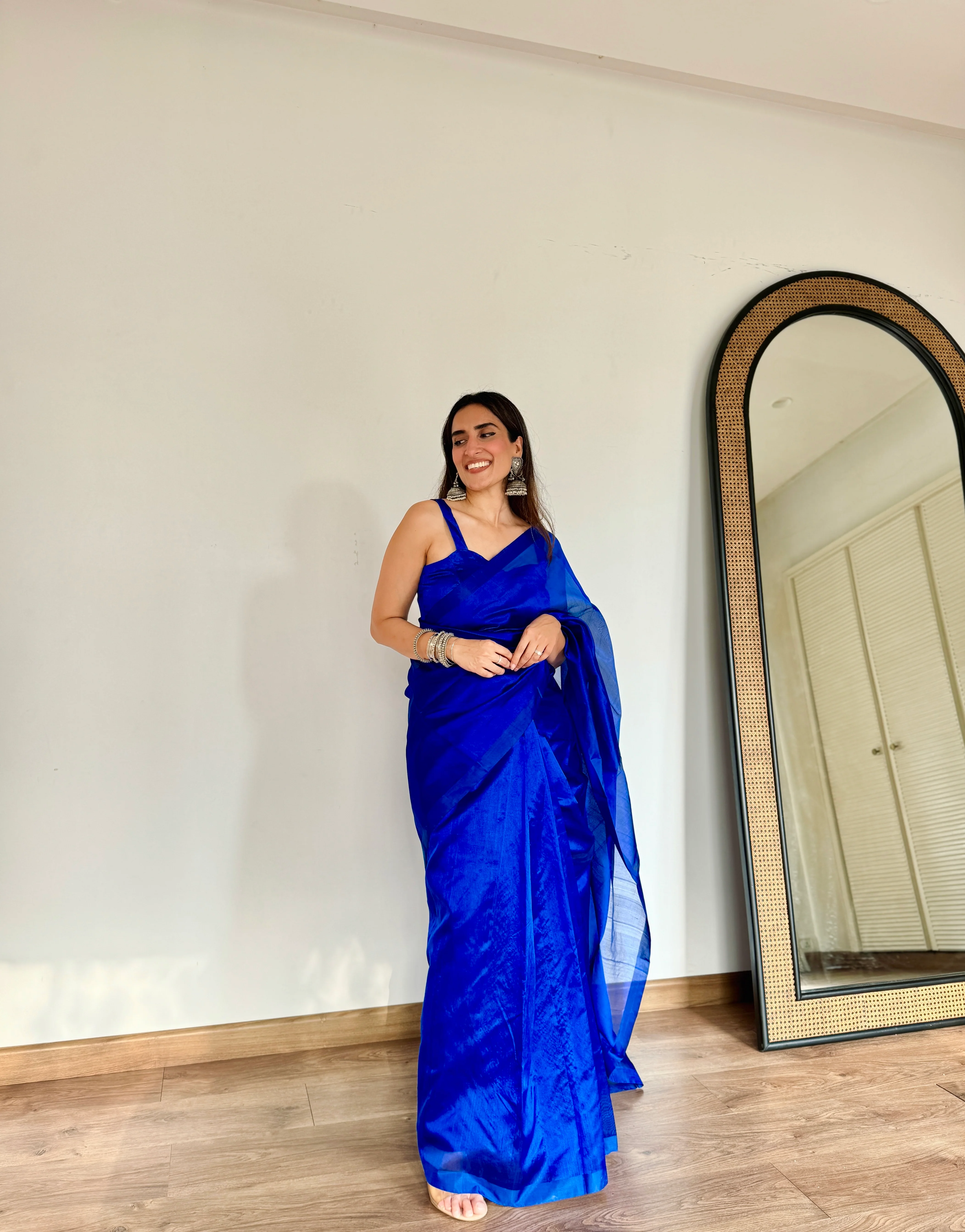 Electric blue Chanderi silk saree with silk border - Image 15
