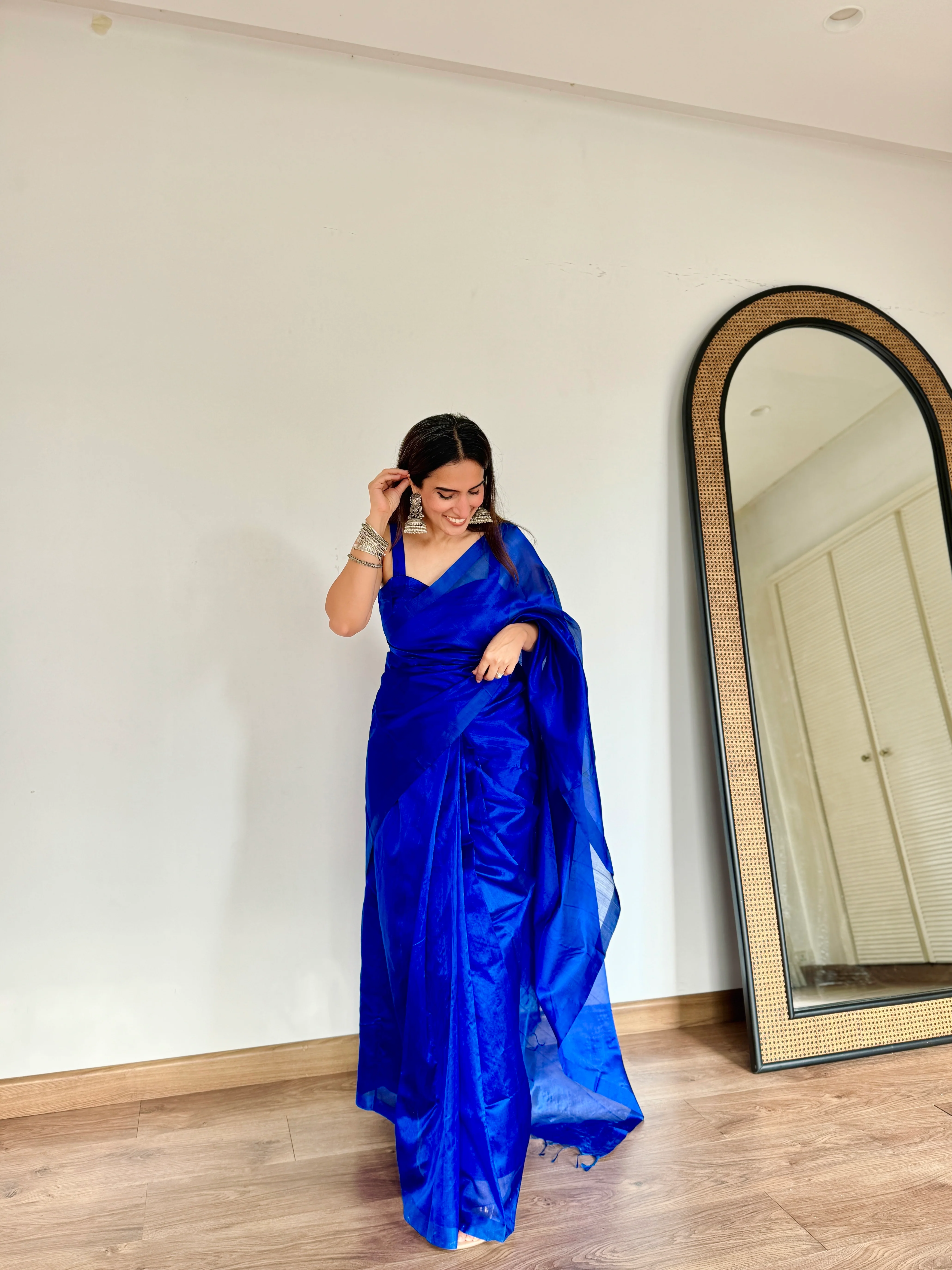 Electric blue Chanderi silk saree with silk border - Image 4