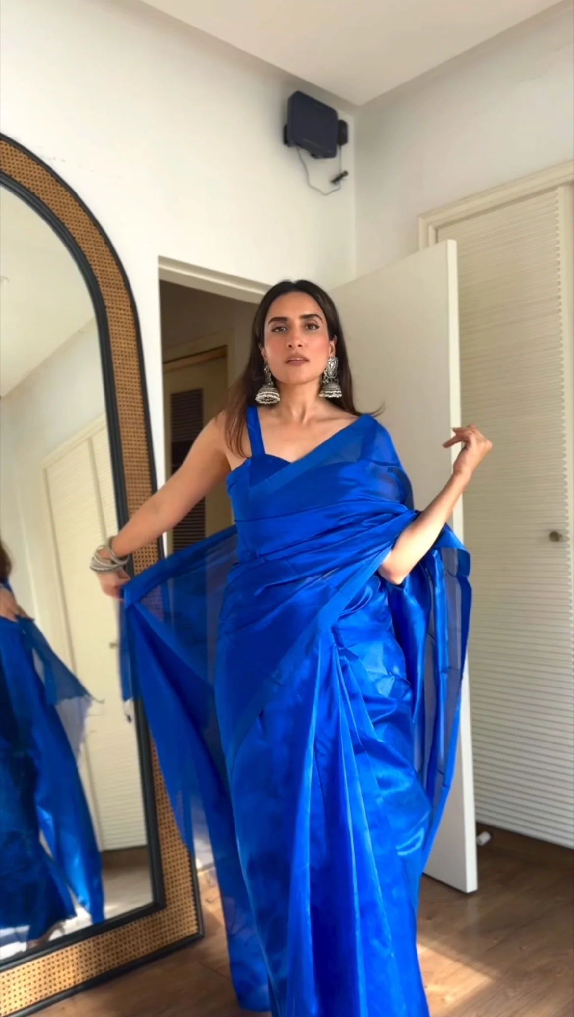 Electric blue Chanderi silk saree with silk border - Image 5