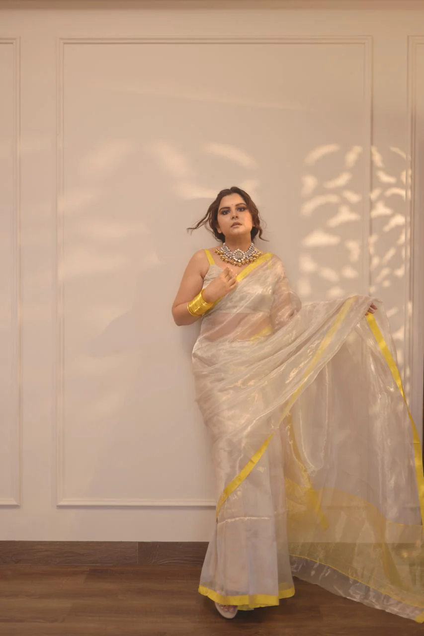 Silver white and lemon chanderi tissue silk saree - Image 12