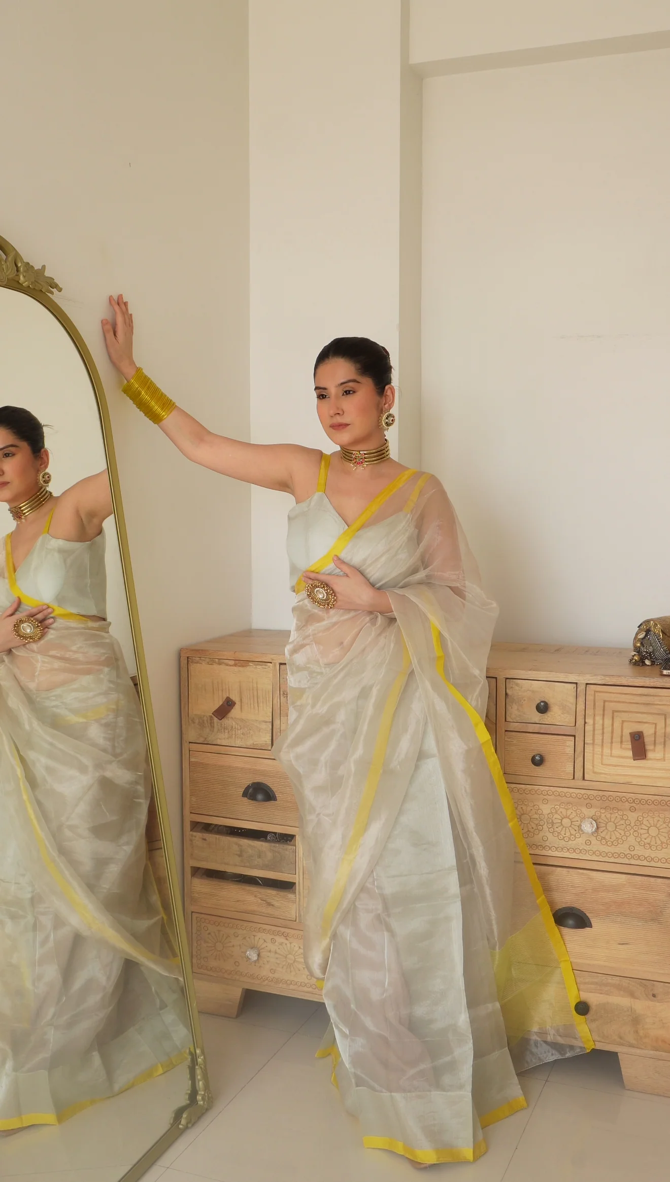 Silver white and lemon chanderi tissue silk saree - Image 2