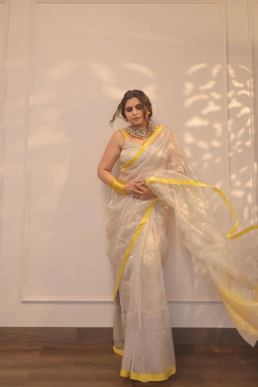 Silver white and lemon chanderi tissue silk saree - Image 3