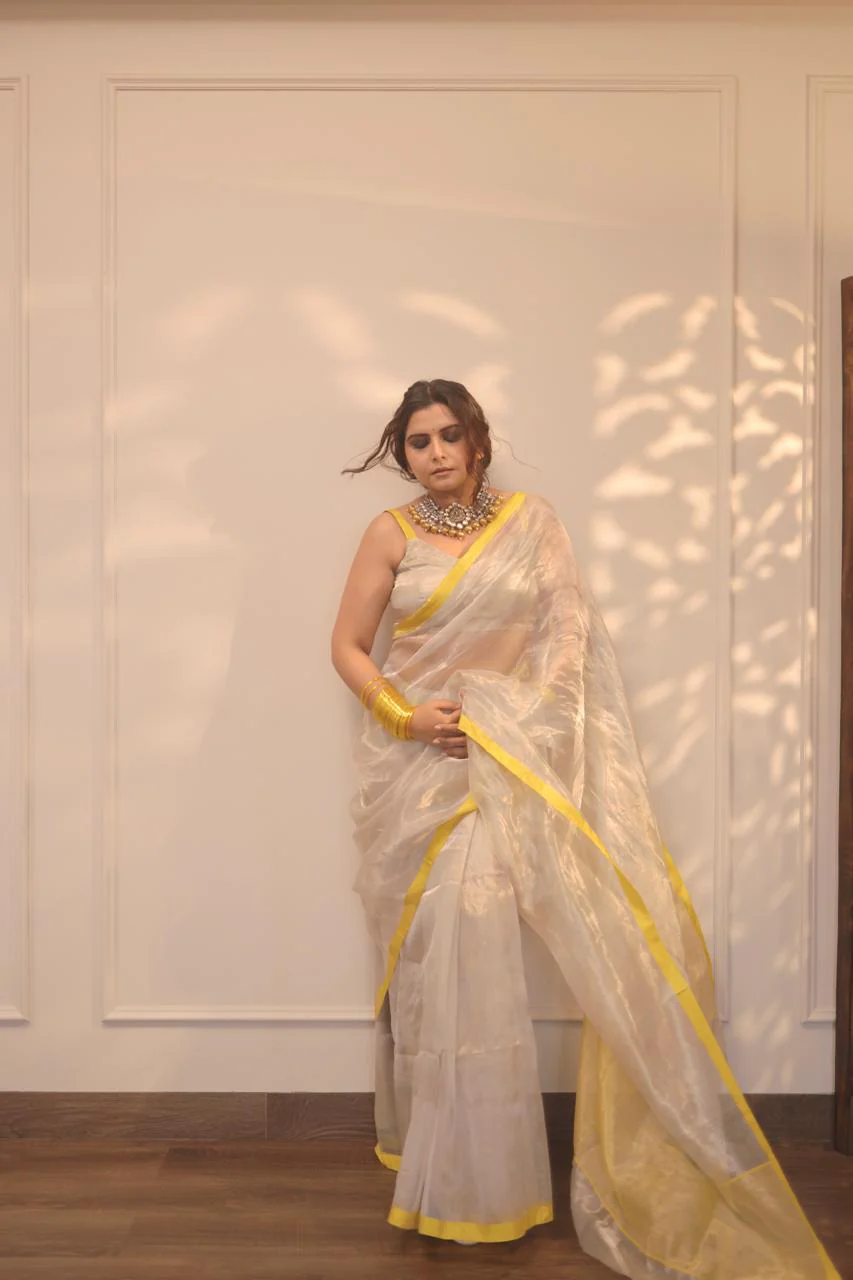 Silver white and lemon chanderi tissue silk saree - Image 8