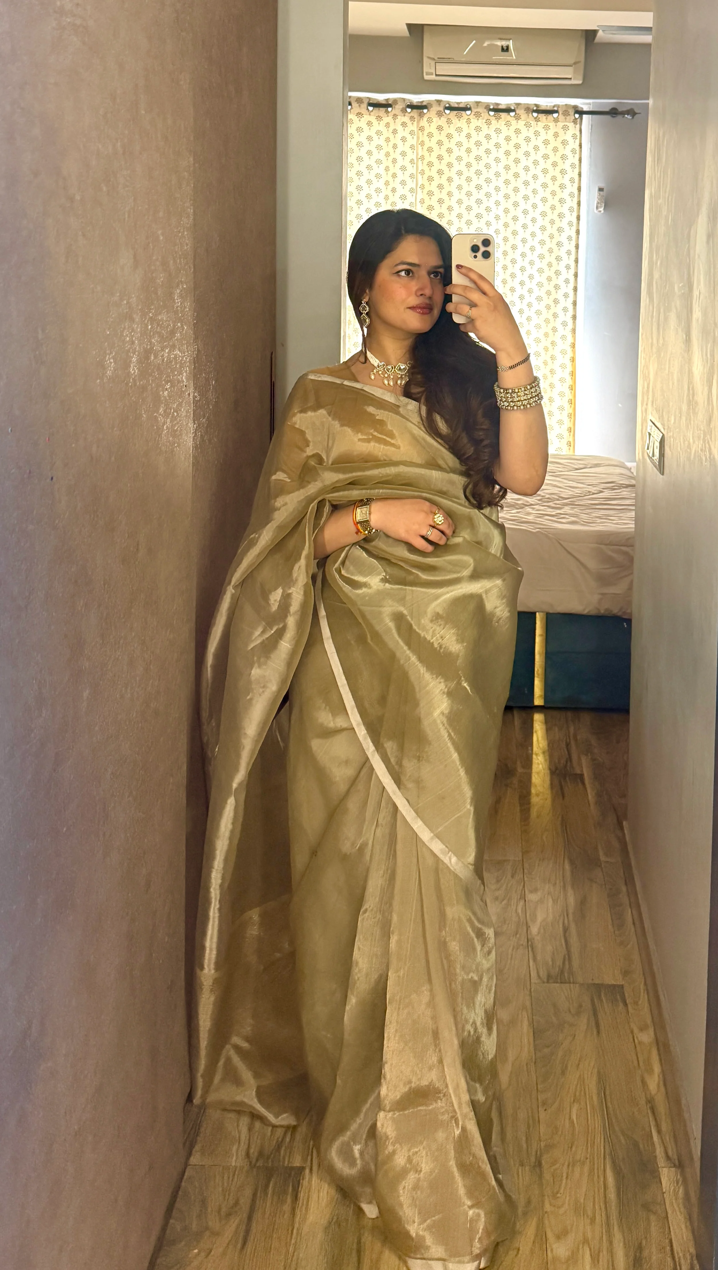 Champagne Chanderi tissue silk saree with silver zari border - Image 11