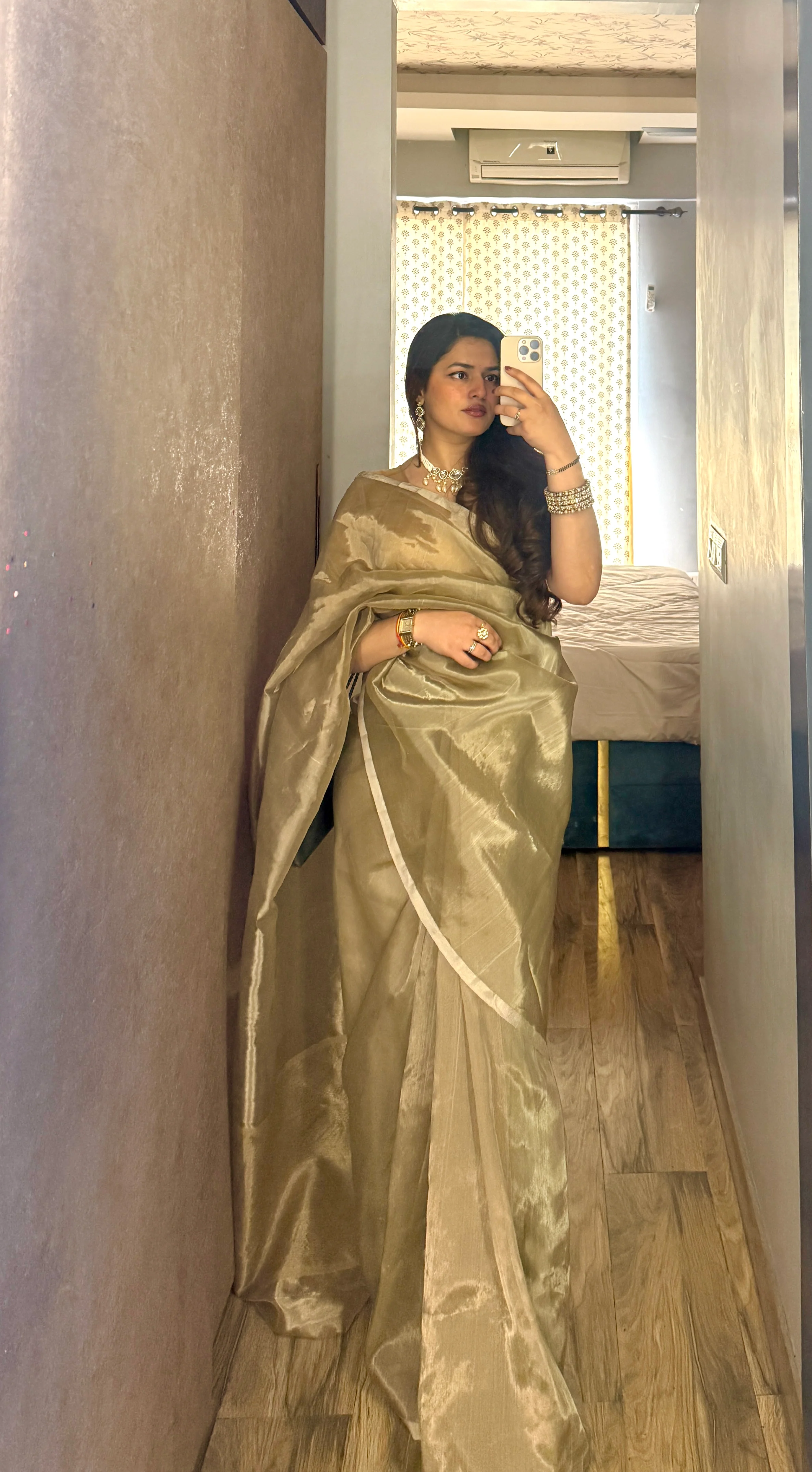 Champagne Chanderi tissue silk saree with silver zari border - Image 12