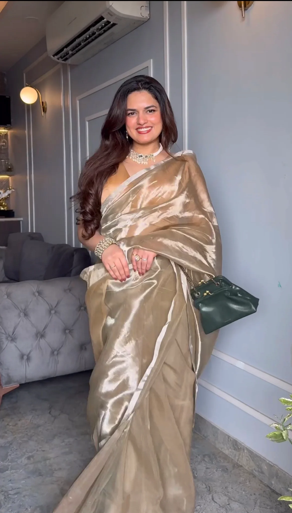 Champagne Chanderi tissue silk saree with silver zari border - Image 4