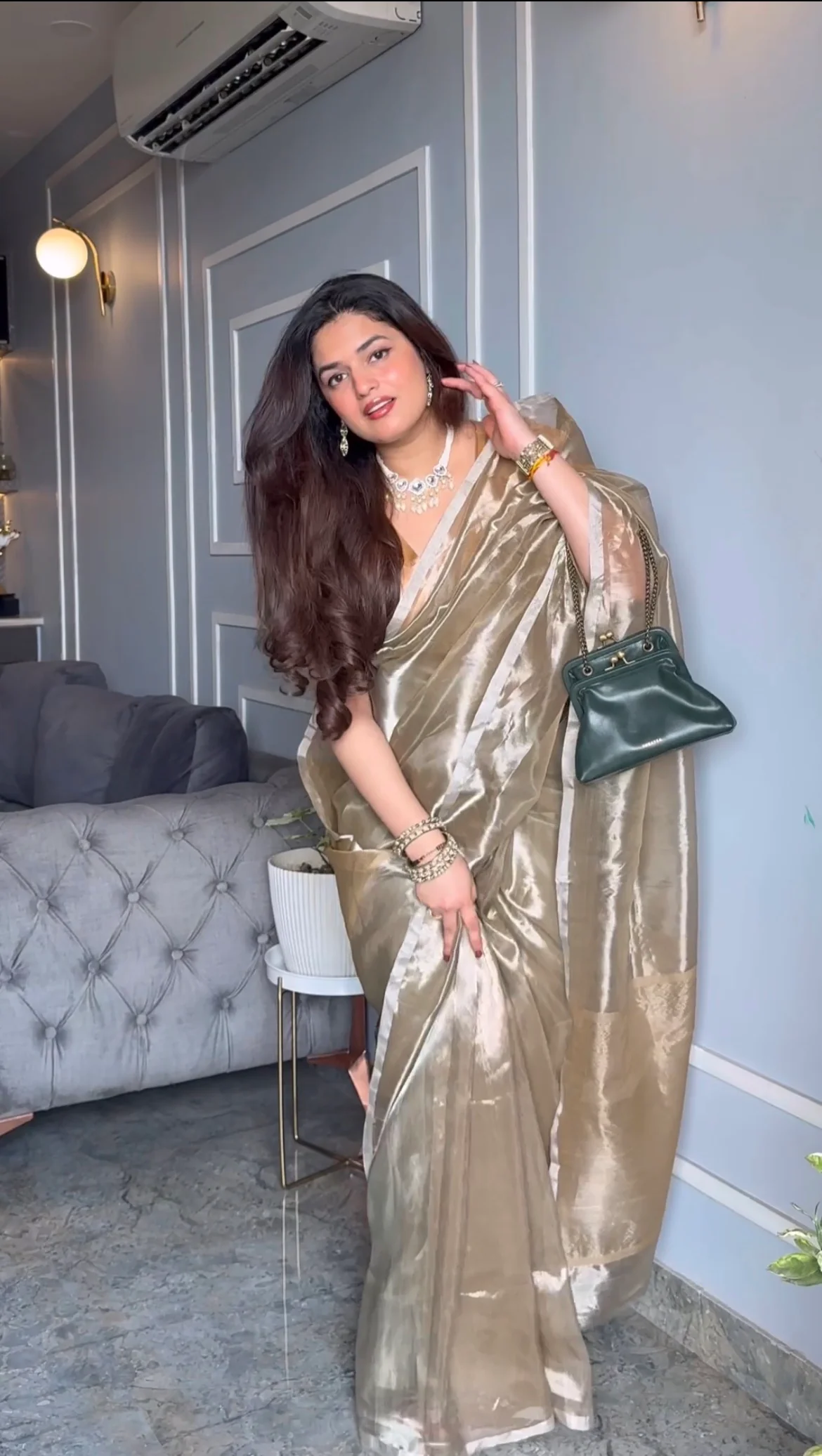 Champagne Chanderi tissue silk saree with silver zari border - Image 5