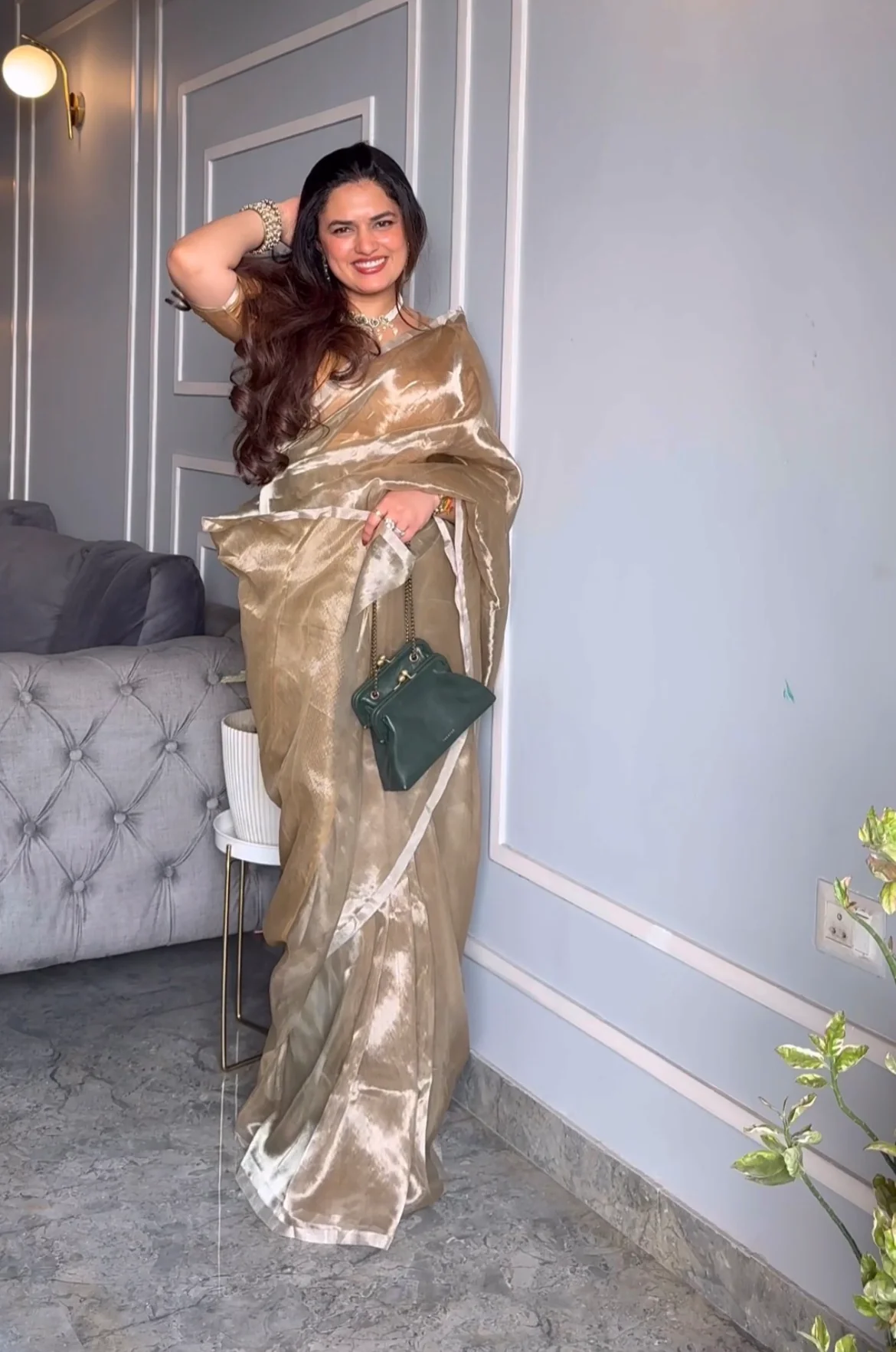 Champagne Chanderi tissue silk saree with silver zari border - Image 7