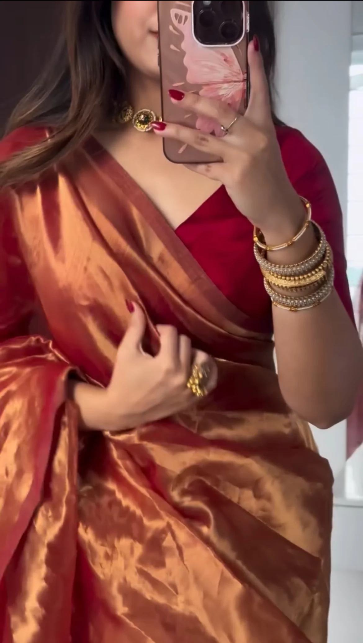 Deep red and gold Chanderi tissue silk saree