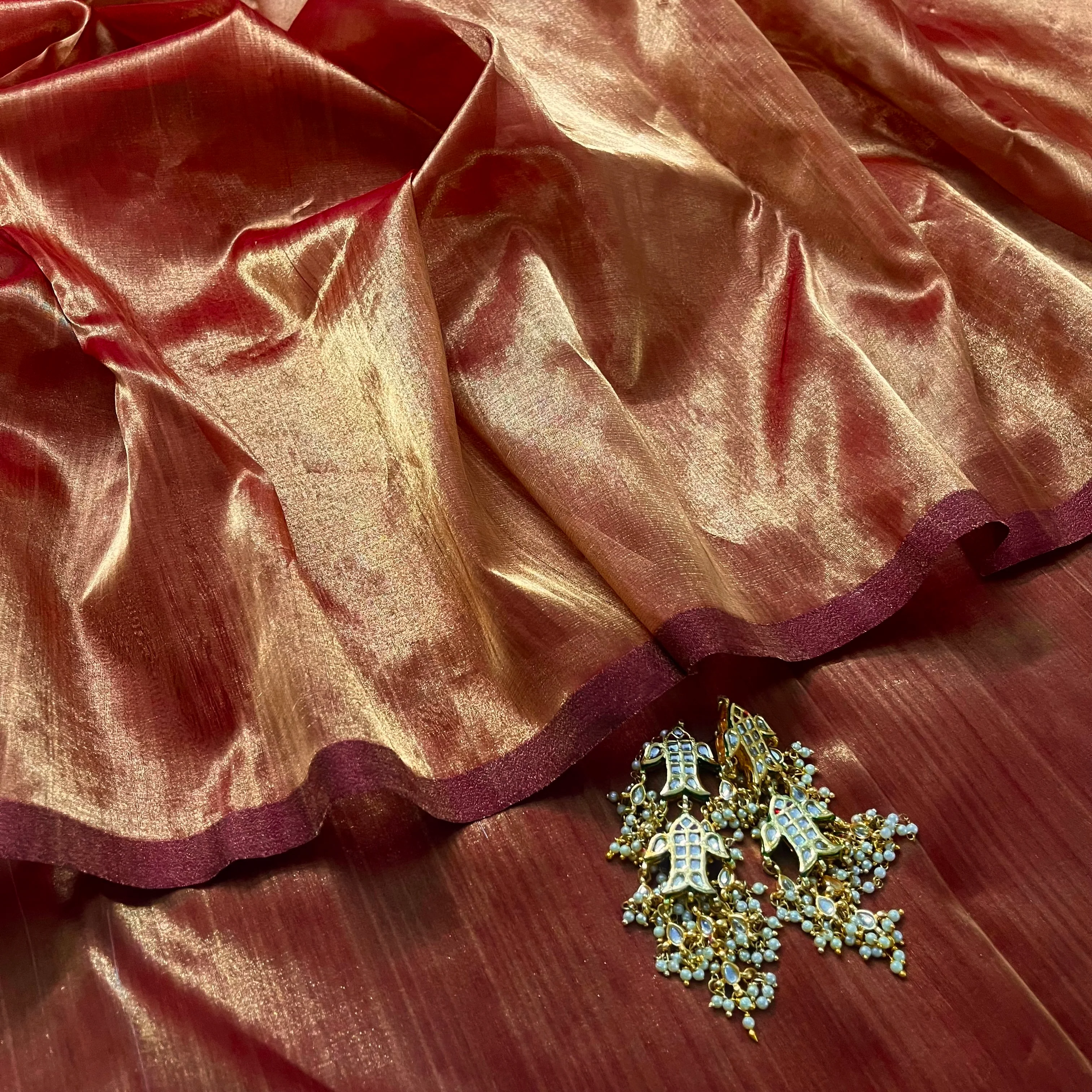 Deep red and gold Chanderi tissue silk saree - Image 10