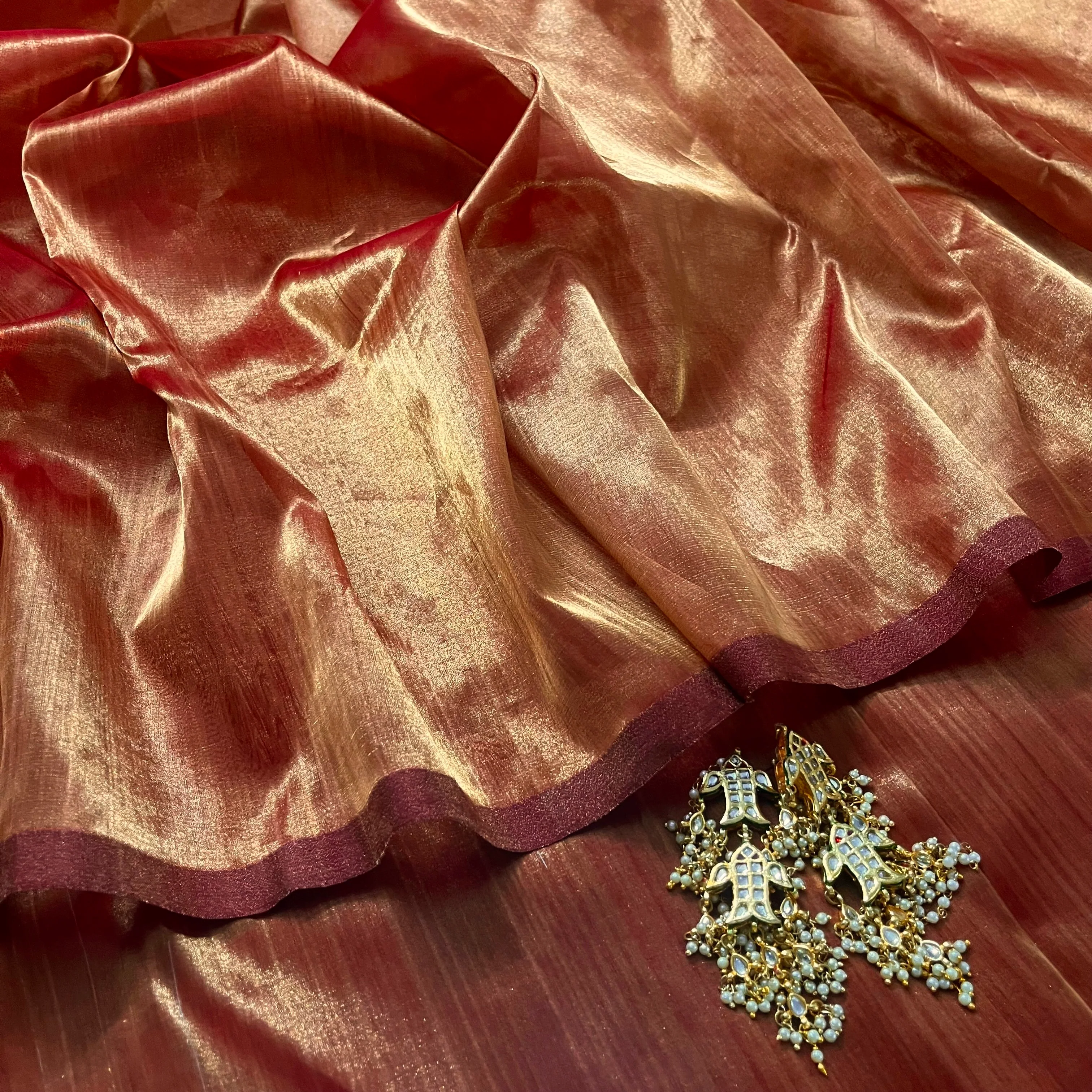 Deep red and gold Chanderi tissue silk saree - Image 16