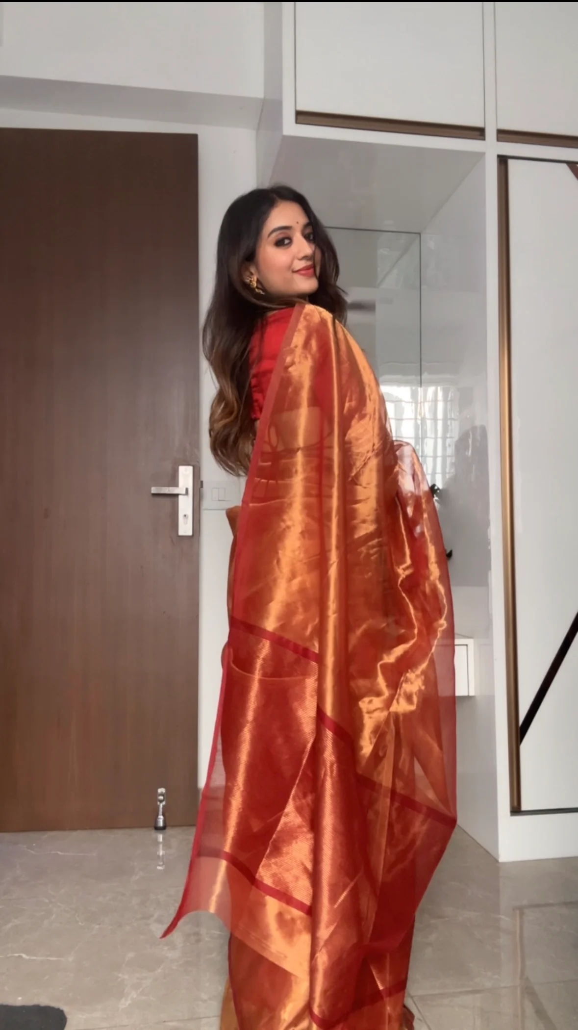 Deep red and gold Chanderi tissue silk saree - Image 3