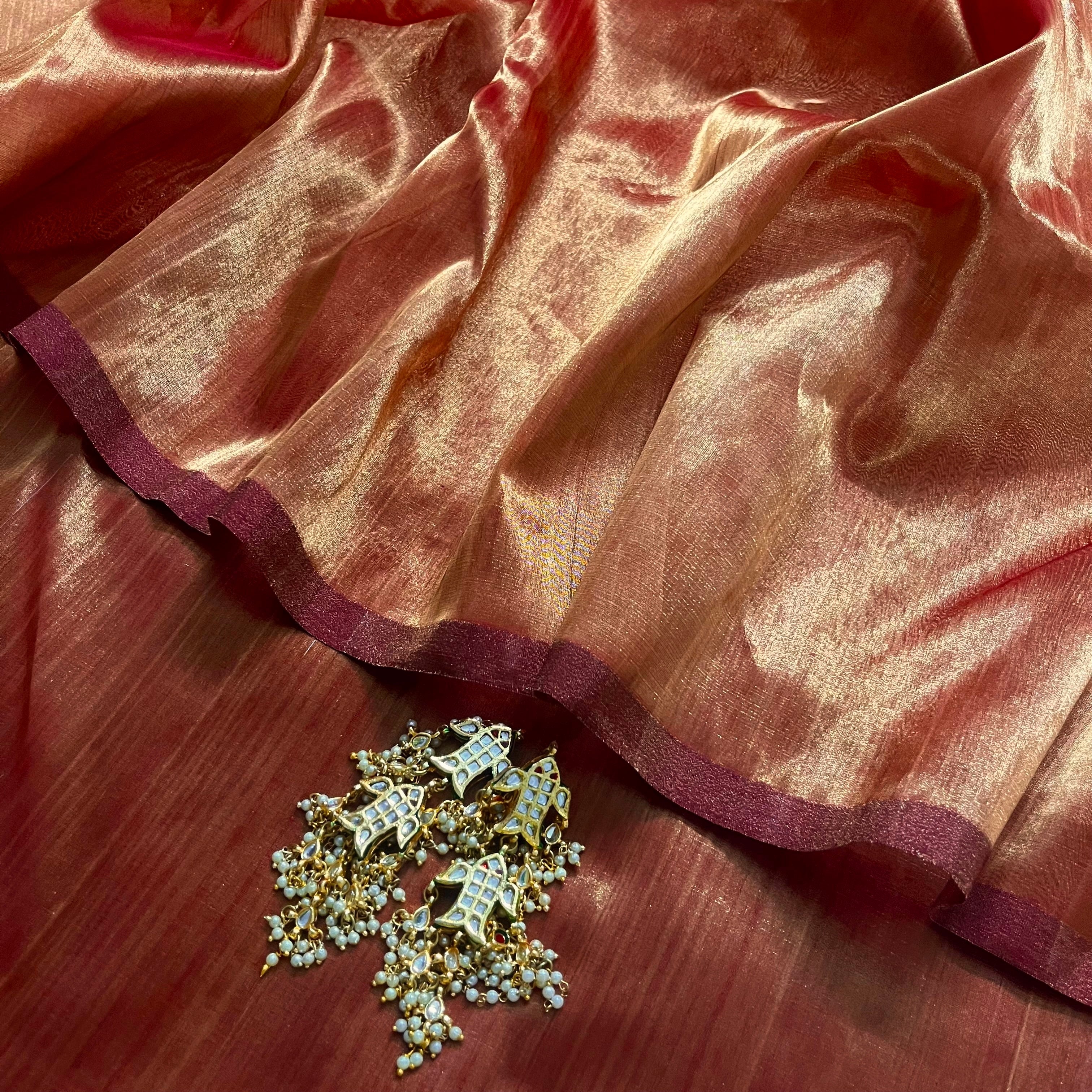 Deep red and gold Chanderi tissue silk saree - Image 9