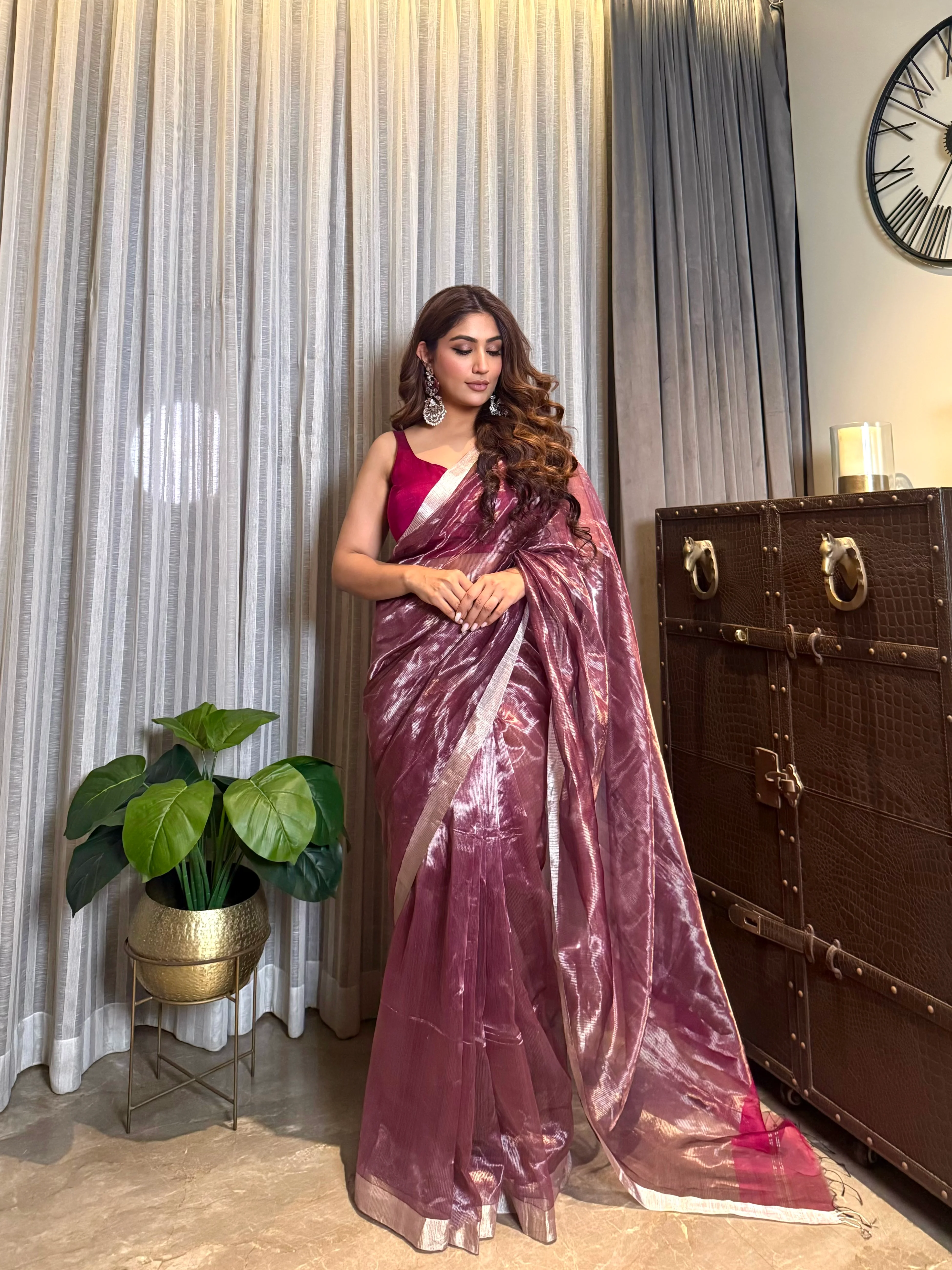 Wine Maheshwari saree with zari lines all over - Image 2