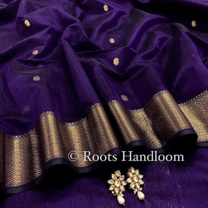 Dark Purple Maheshwari Saree with Flower Bootis all over it - Image 7