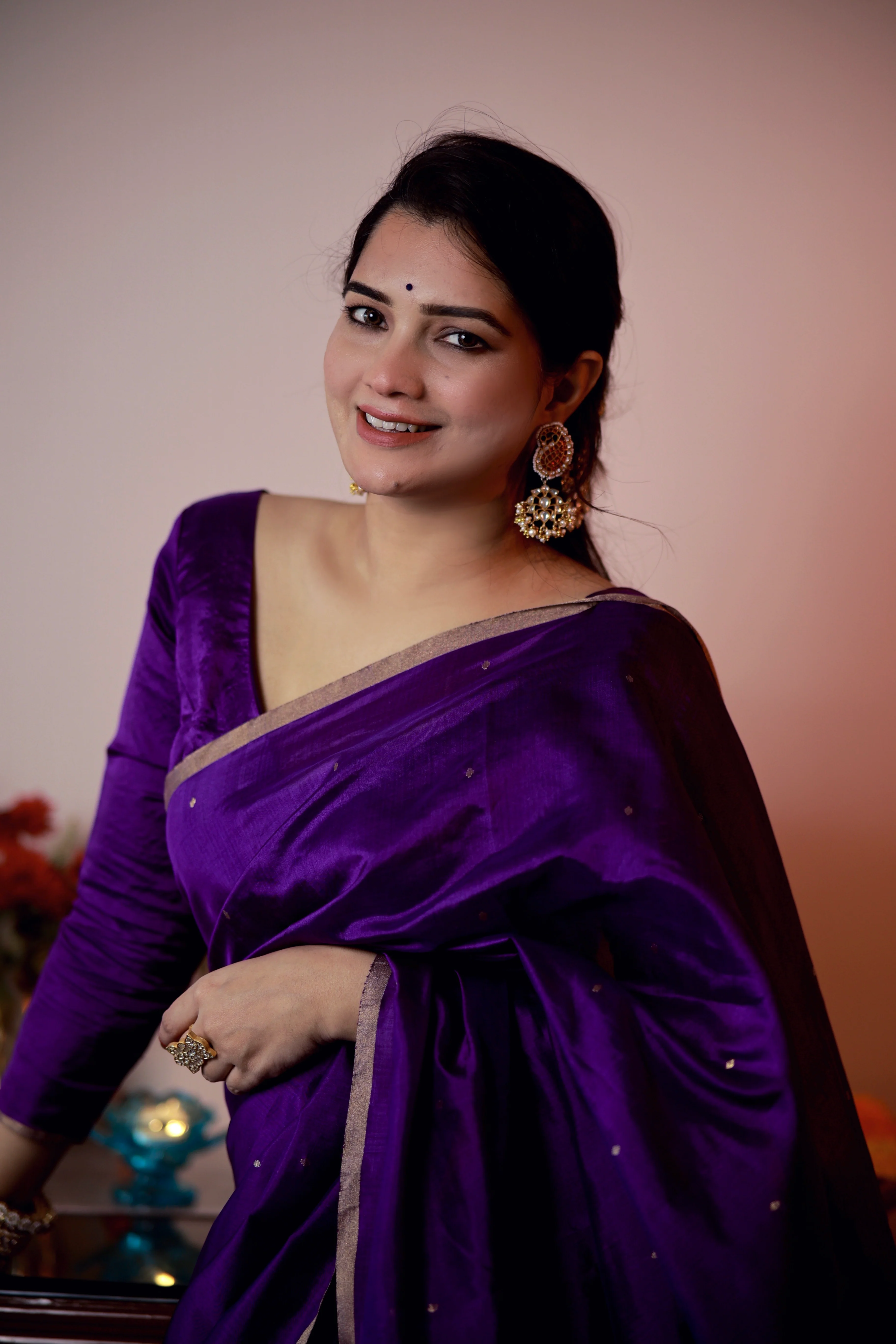Violet chanderi silk saree with zari bootis all over - Image 4